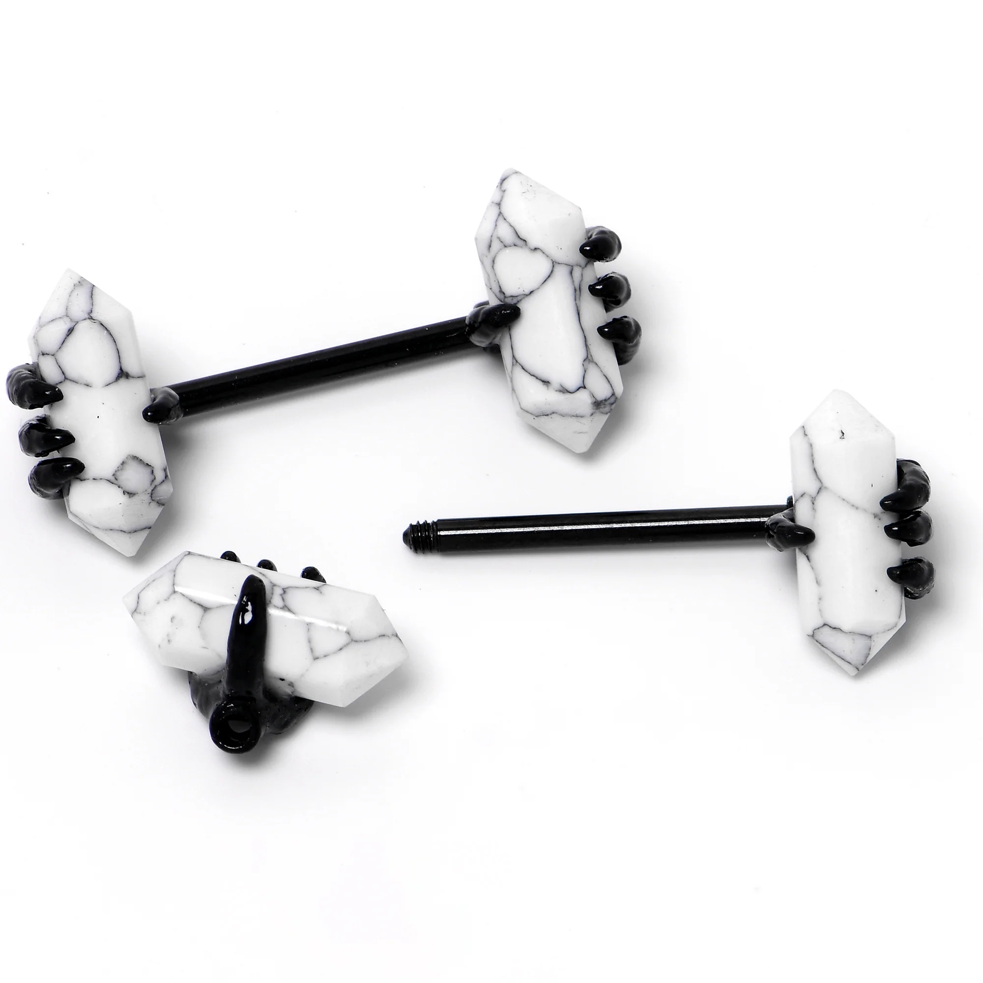14G 9/16 White Howlite Black Claw Barbell Nipple Ring Set - Image 7