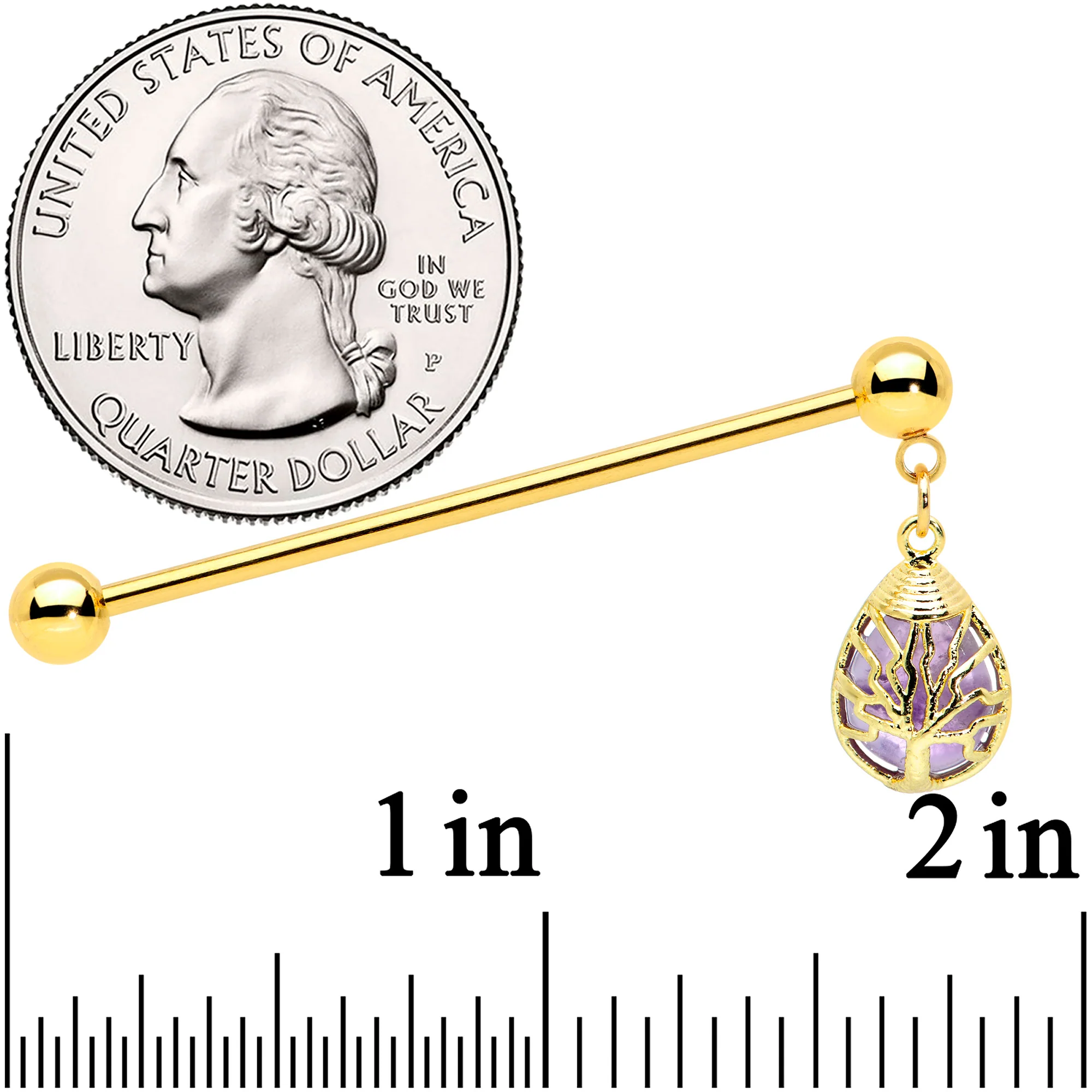 14G Amethyst Gold Tone Drop Tree Dangle Industrial Barbell 38mm - Image 2