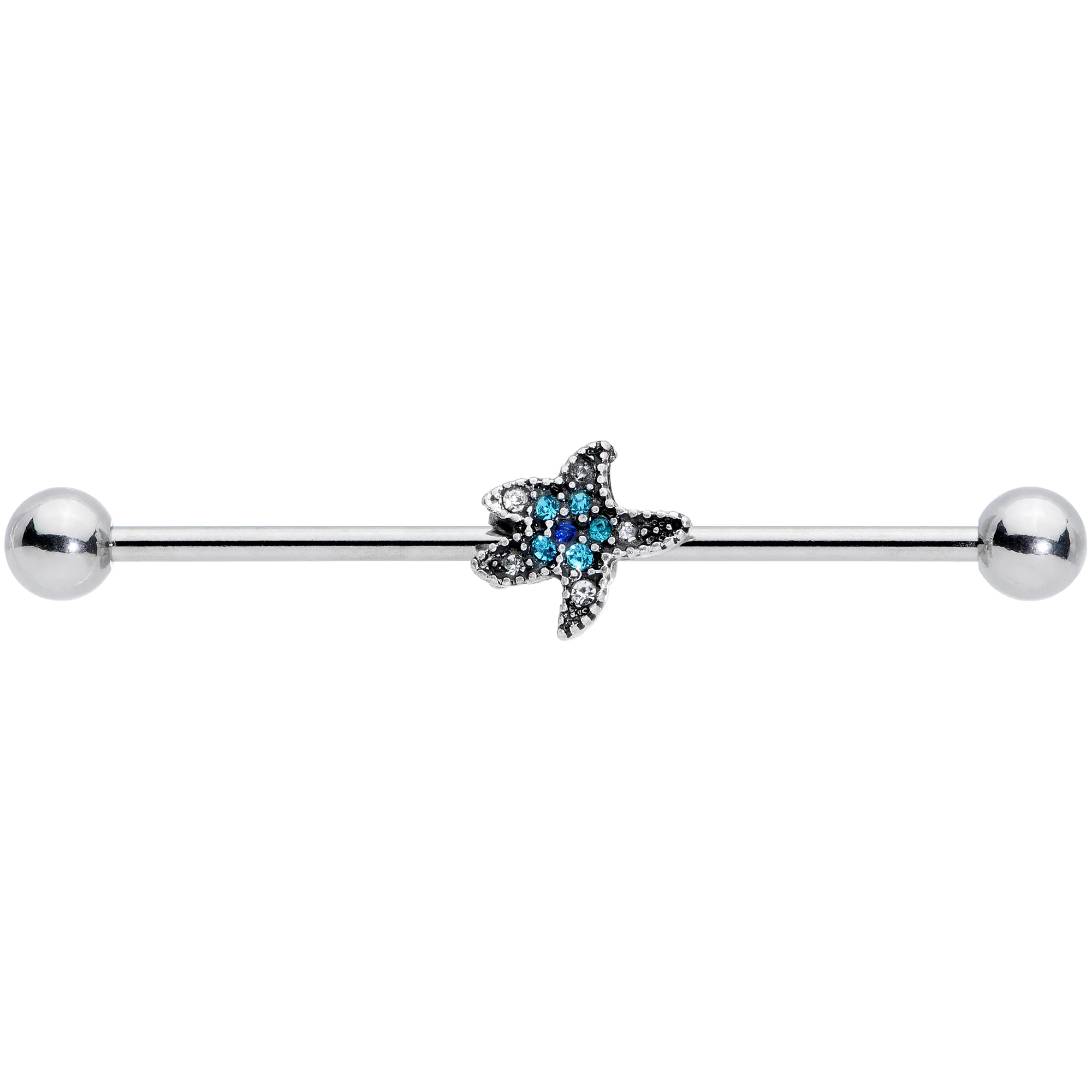 14G Aqua Blue Clear Gem Starfish Industrial Barbell 38mm - Image 2