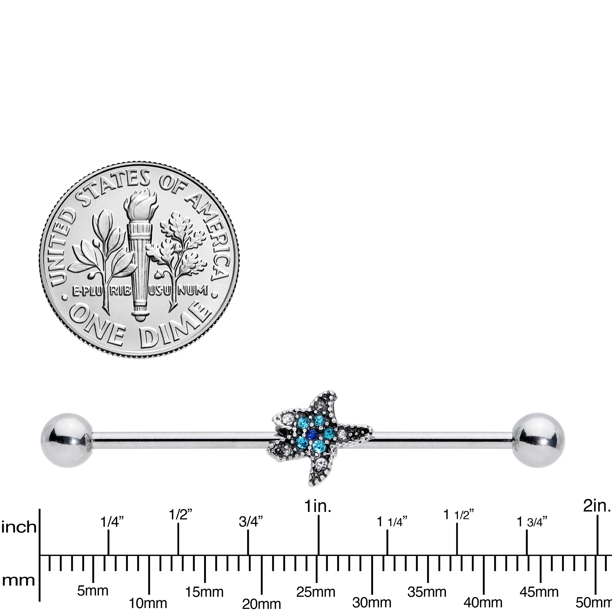 14G Aqua Blue Clear Gem Starfish Industrial Barbell 38mm - Image 3