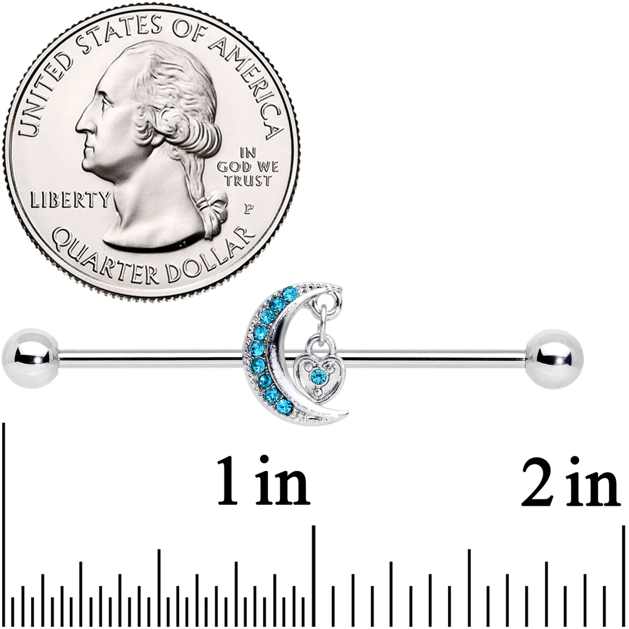 14G Aqua CZ Gem Heart Padlock Moon Dangle Industrial Barbell 38mm - Image 2