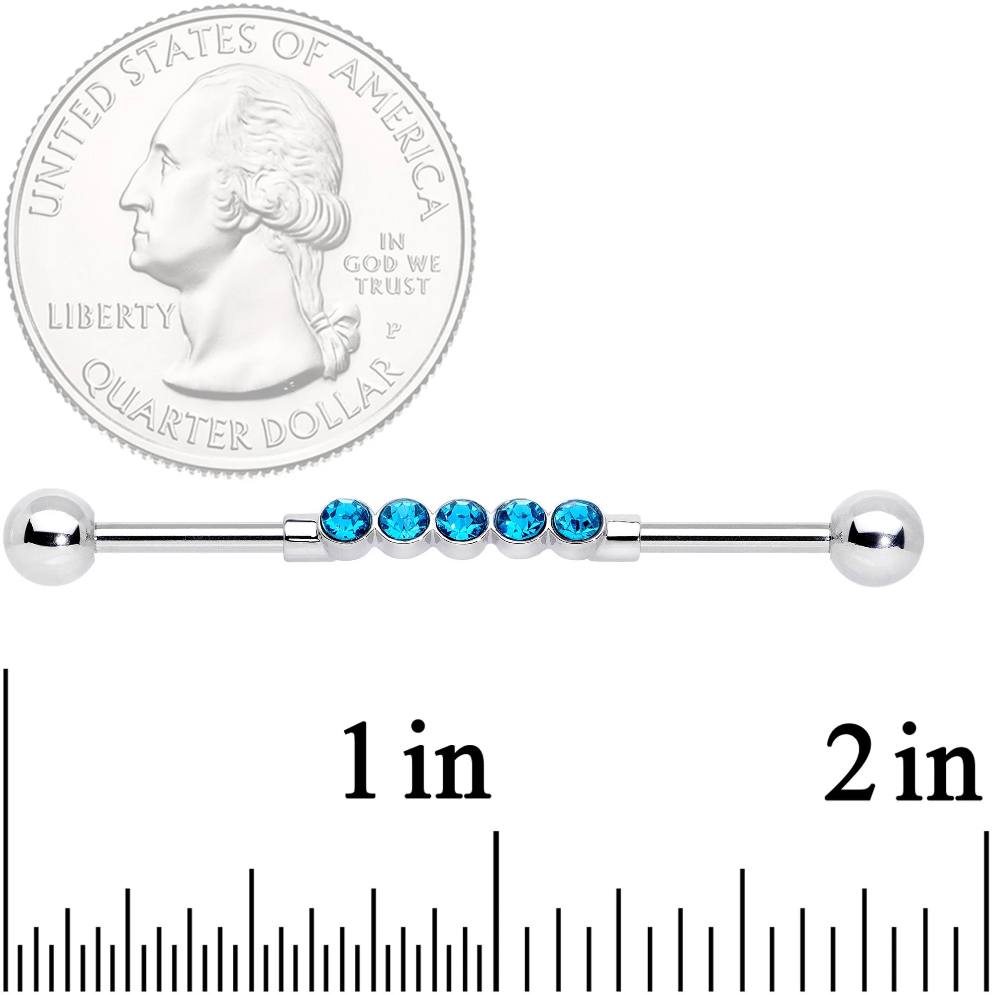 14G Aqua CZ Gem Quintuplet Industrial Barbell 38mm - Image 2