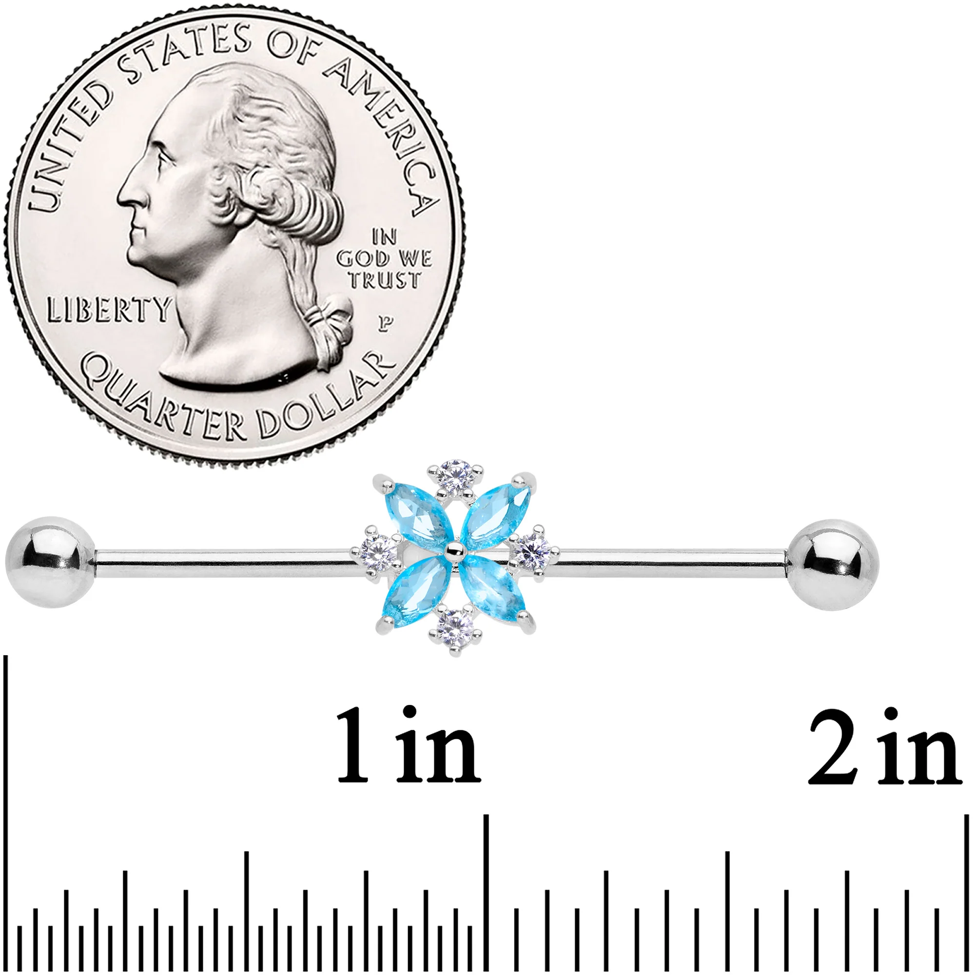 14G Aqua CZ Gem Star Burst Industrial Barbell 38mm - Image 2