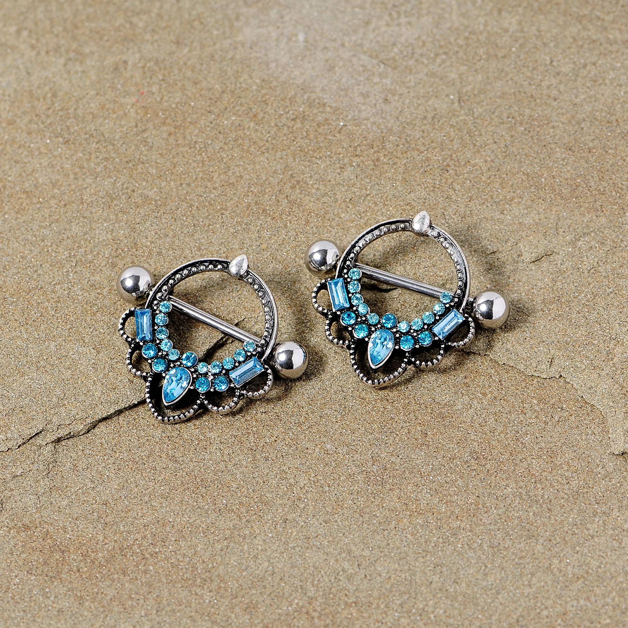14G 5/8 Aqua Gem Filigree Nipple Shield Set - Image 2