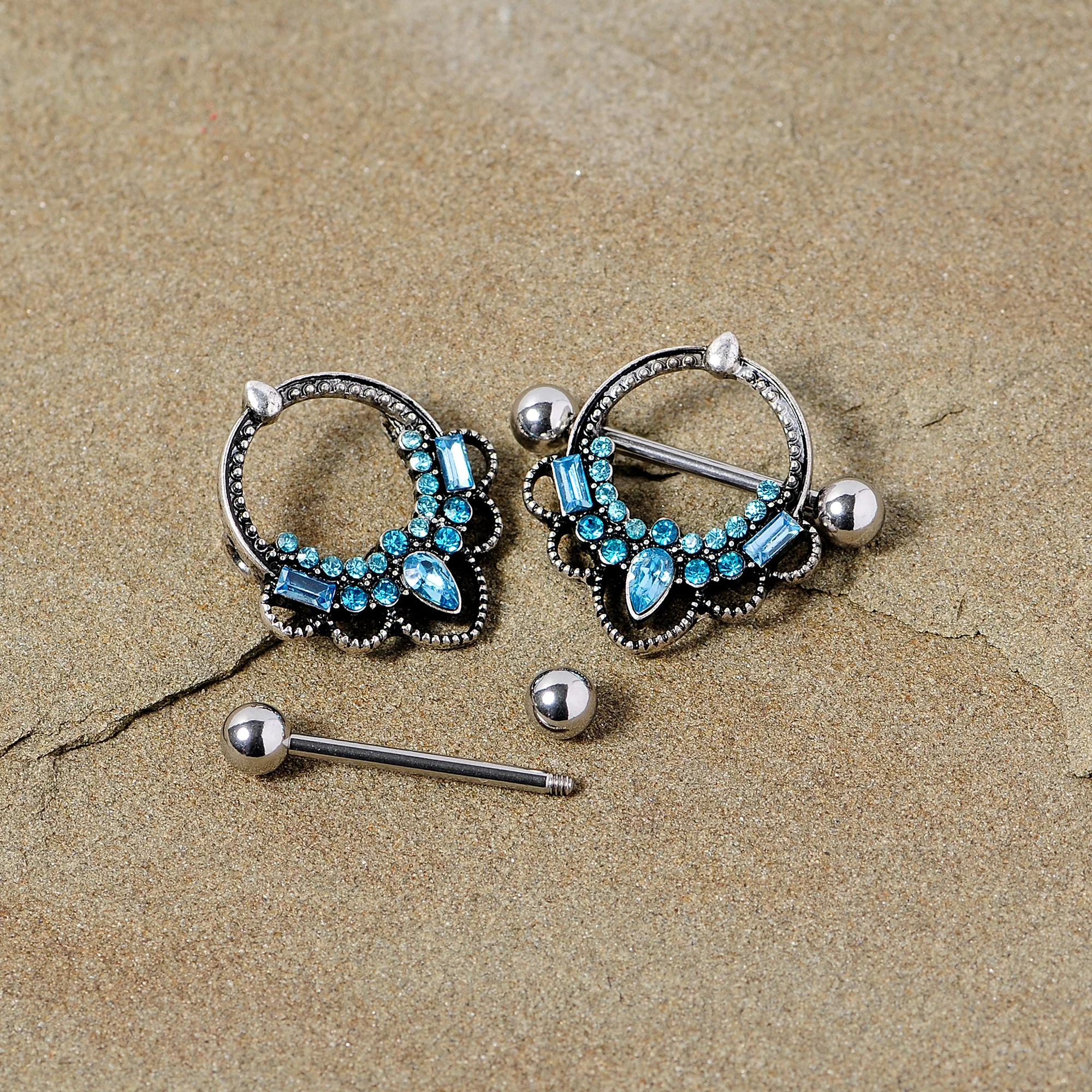 14G 5/8 Aqua Gem Filigree Nipple Shield Set - Image 3