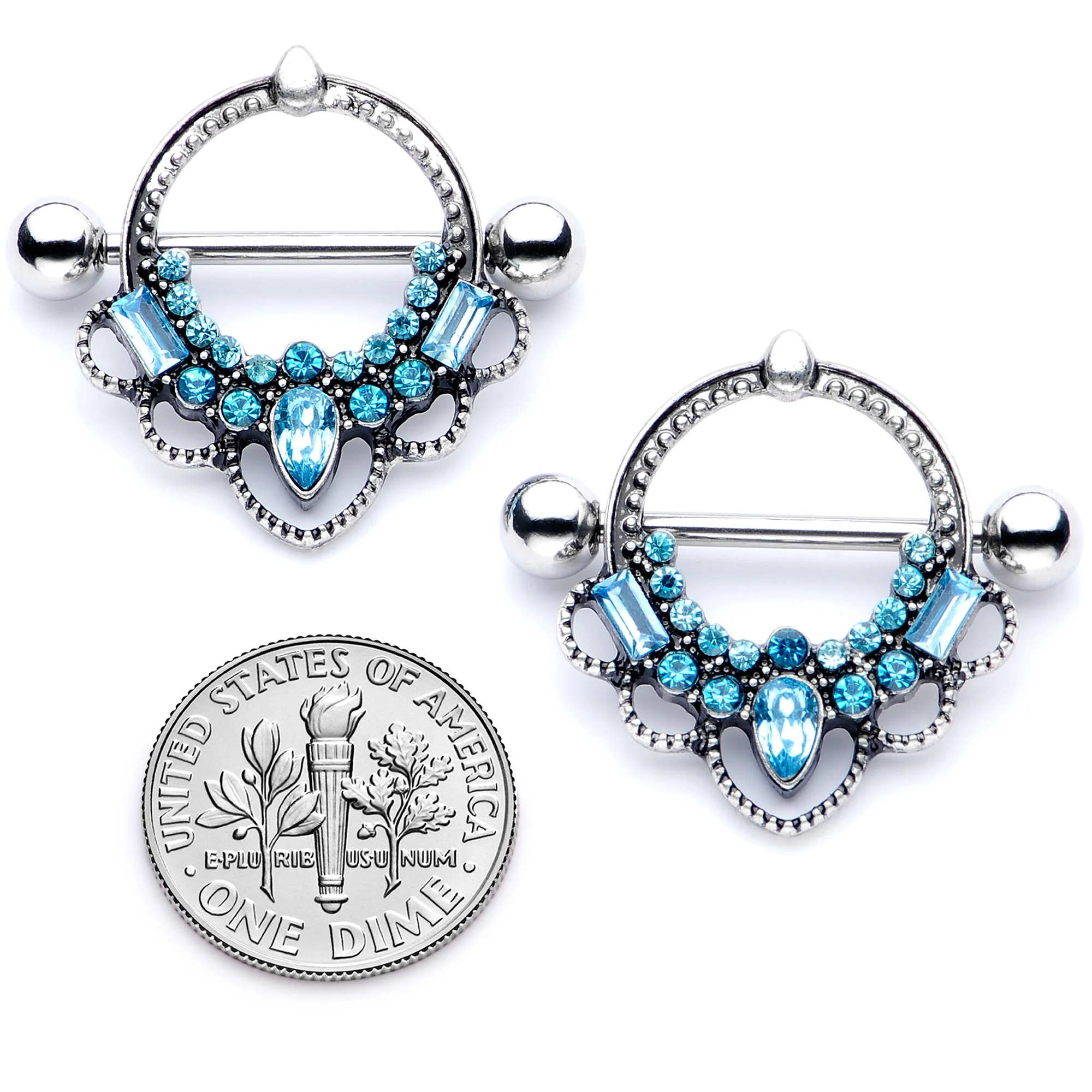 14G 5/8 Aqua Gem Filigree Nipple Shield Set - Image 5