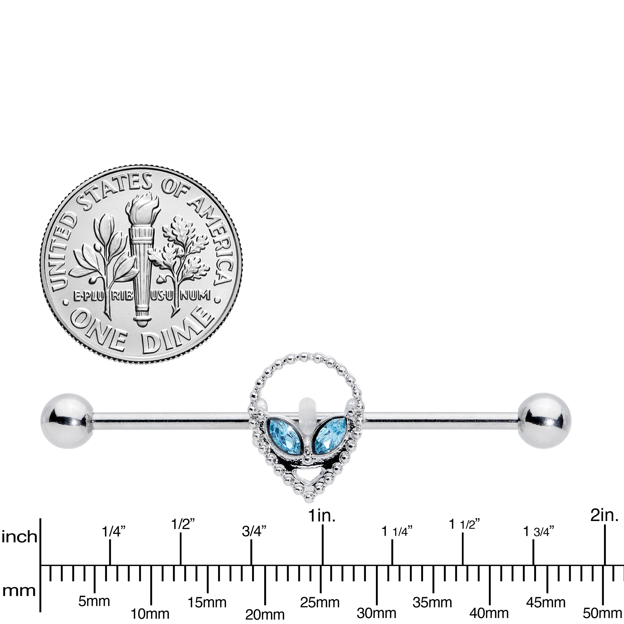 14G Aqua Gem Hollow Alien Industrial Barbell 38mm - Image 3