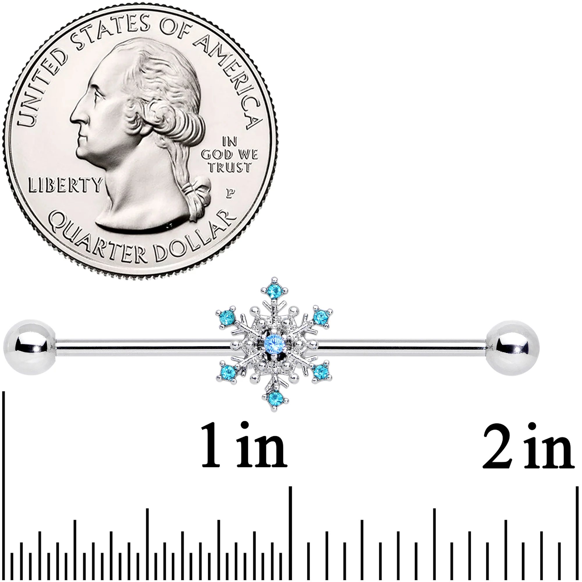 14G Aqua Gem Snowflake Christmas Industrial Barbell 38mm - Image 2