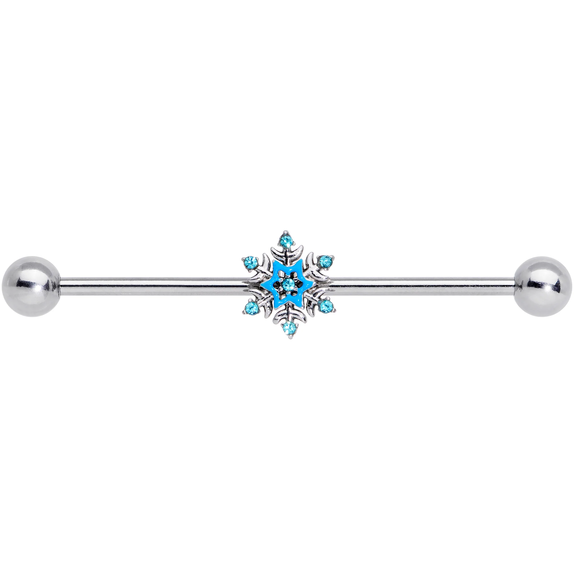 14G Aqua Gem Winter Snowflake Christmas Industrial Barbell 38mm - Image 2
