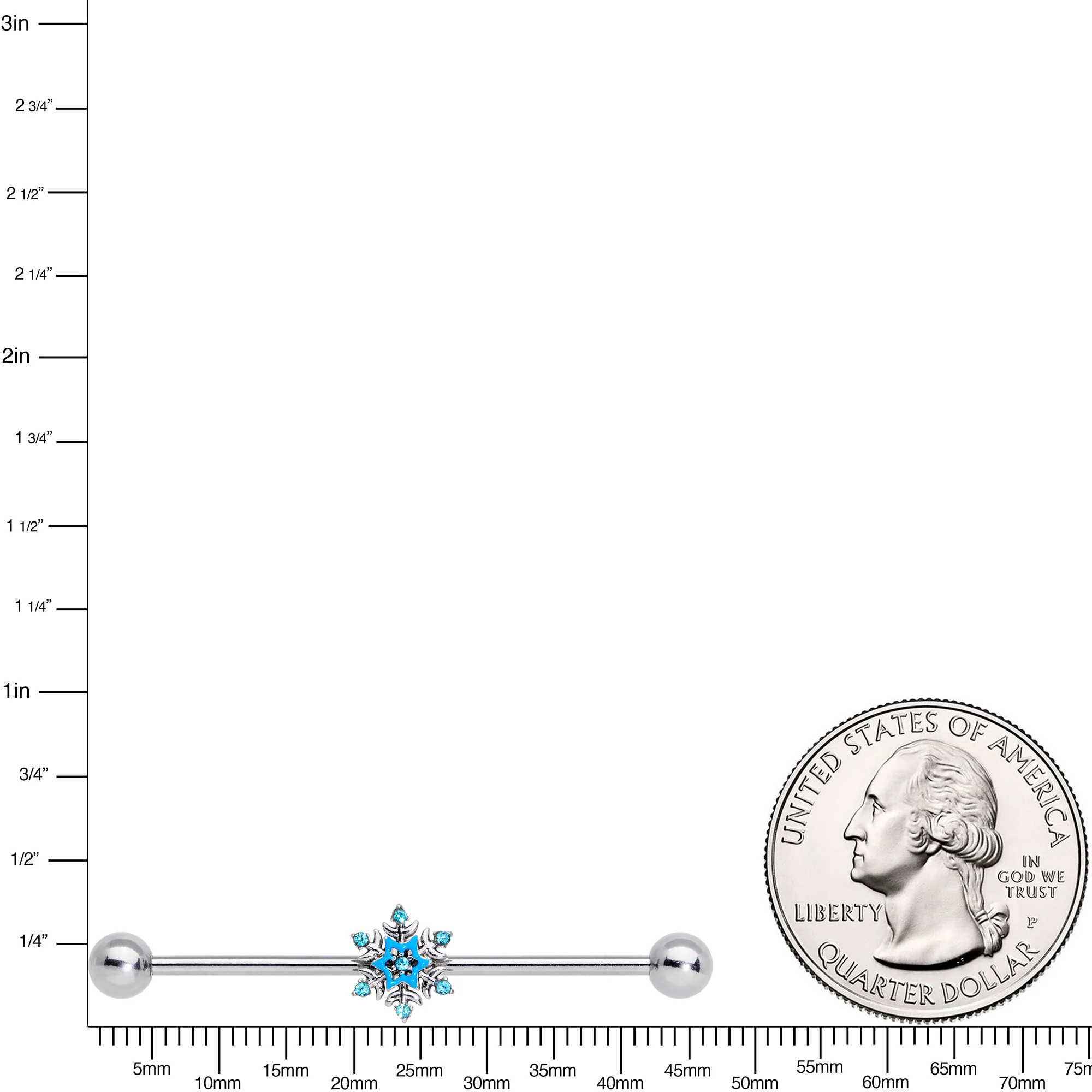 14G Aqua Gem Winter Snowflake Christmas Industrial Barbell 38mm - Image 3