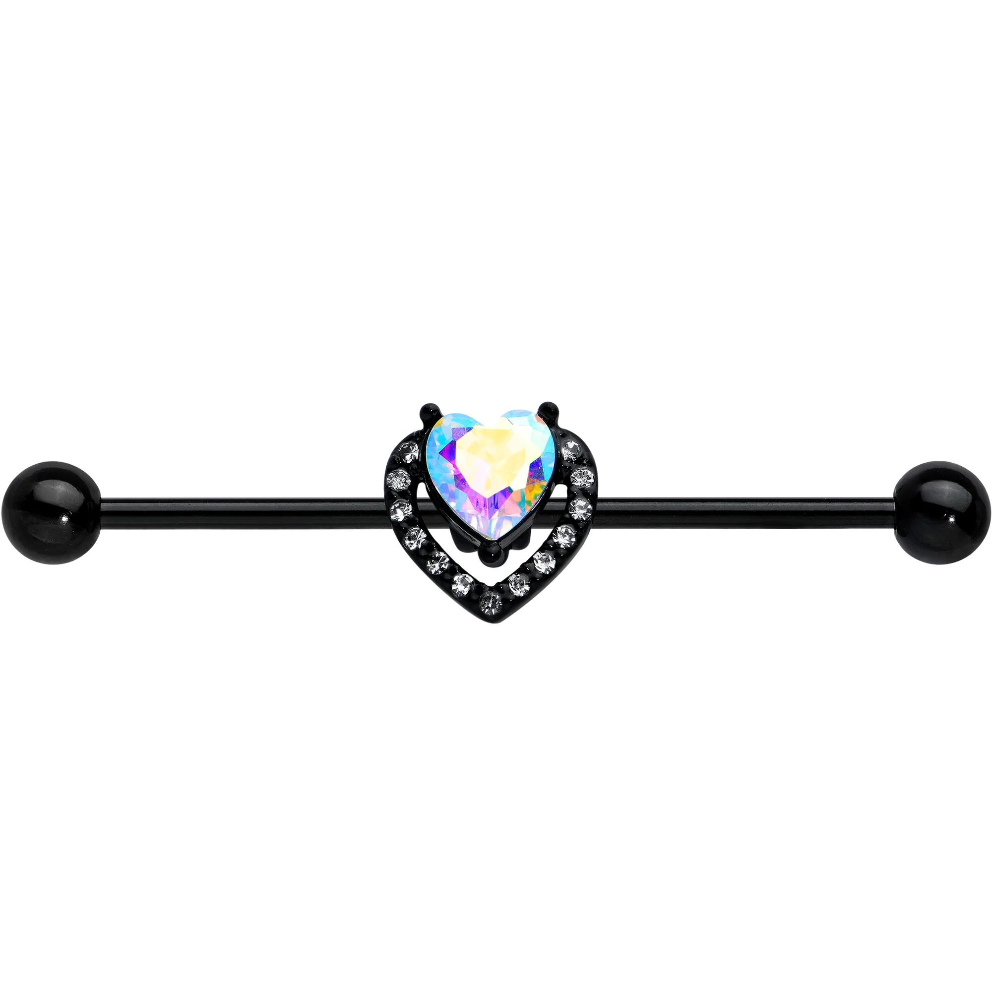 14G Aurora Clear Gem Black Rococo Heart Industrial Barbell 38mm - Image 2