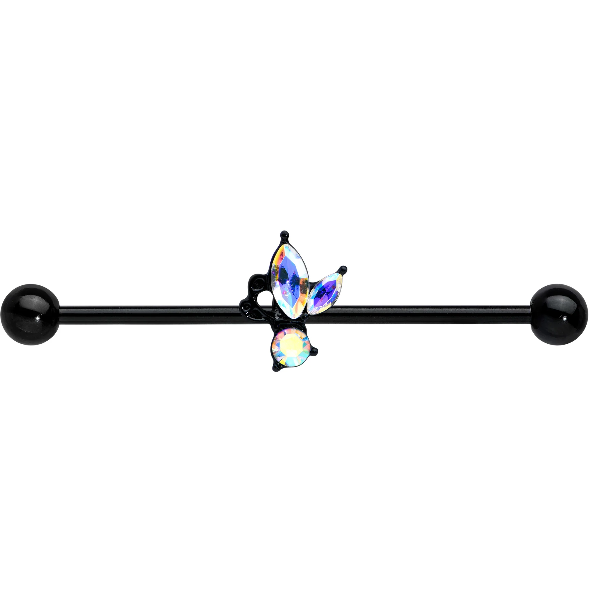 14G Aurora CZ Gem Black Fleur de Lis Butterfly Industrial Barbell 38mm - Image 2