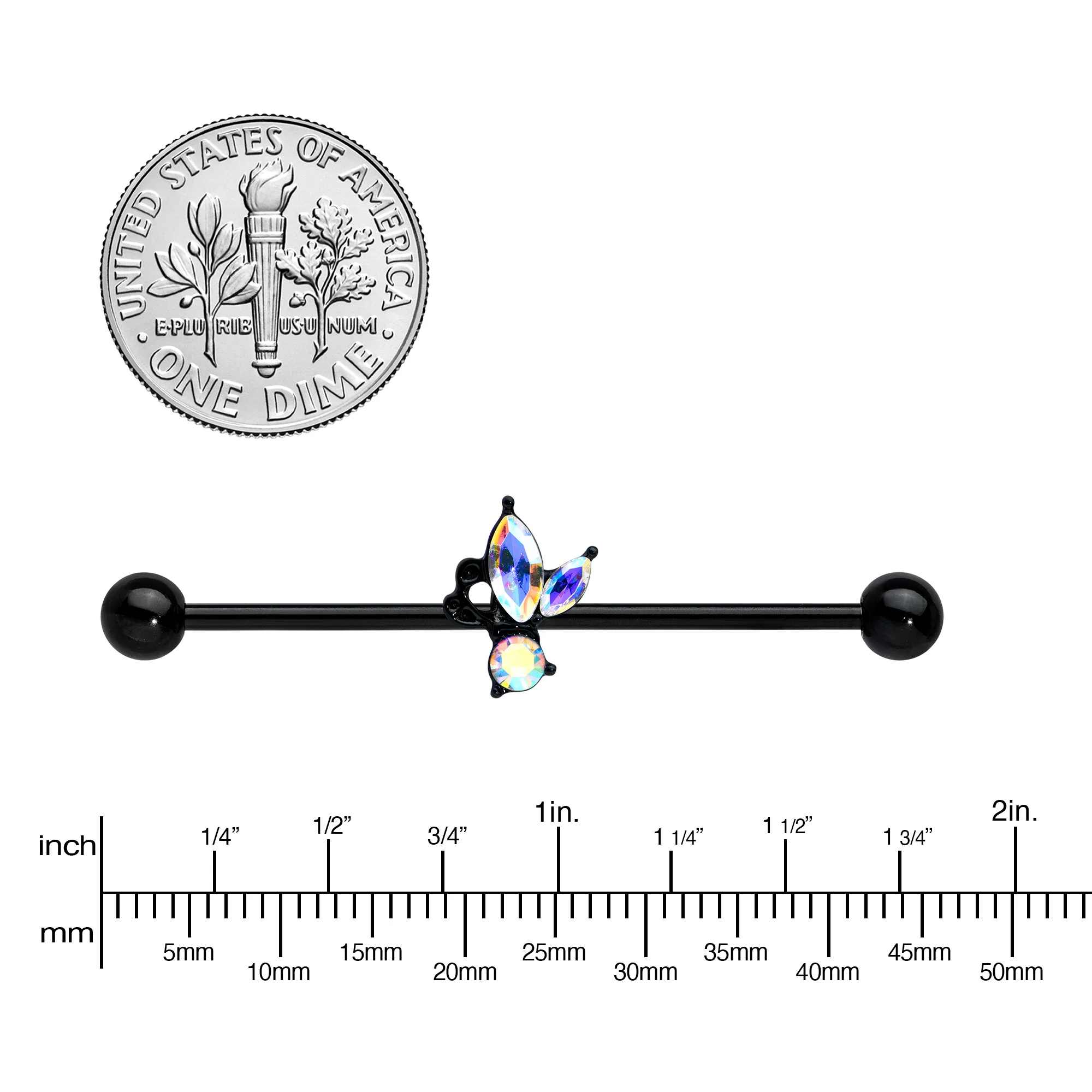 14G Aurora CZ Gem Black Fleur de Lis Butterfly Industrial Barbell 38mm - Image 3