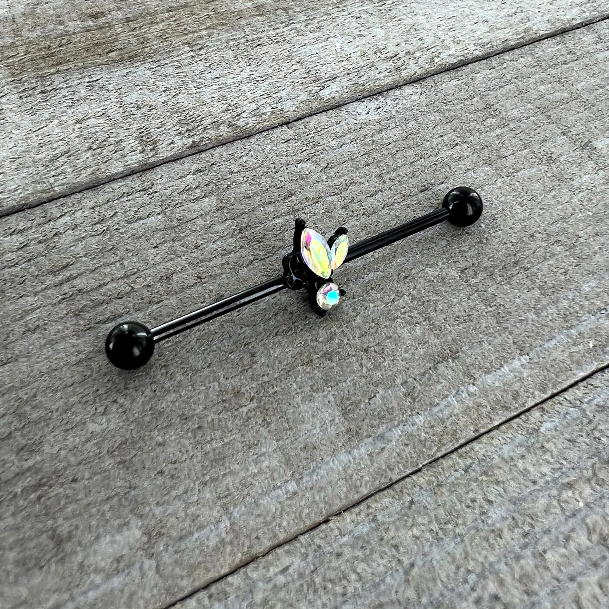 14G Aurora CZ Gem Black Fleur de Lis Butterfly Industrial Barbell 38mm - Image 4