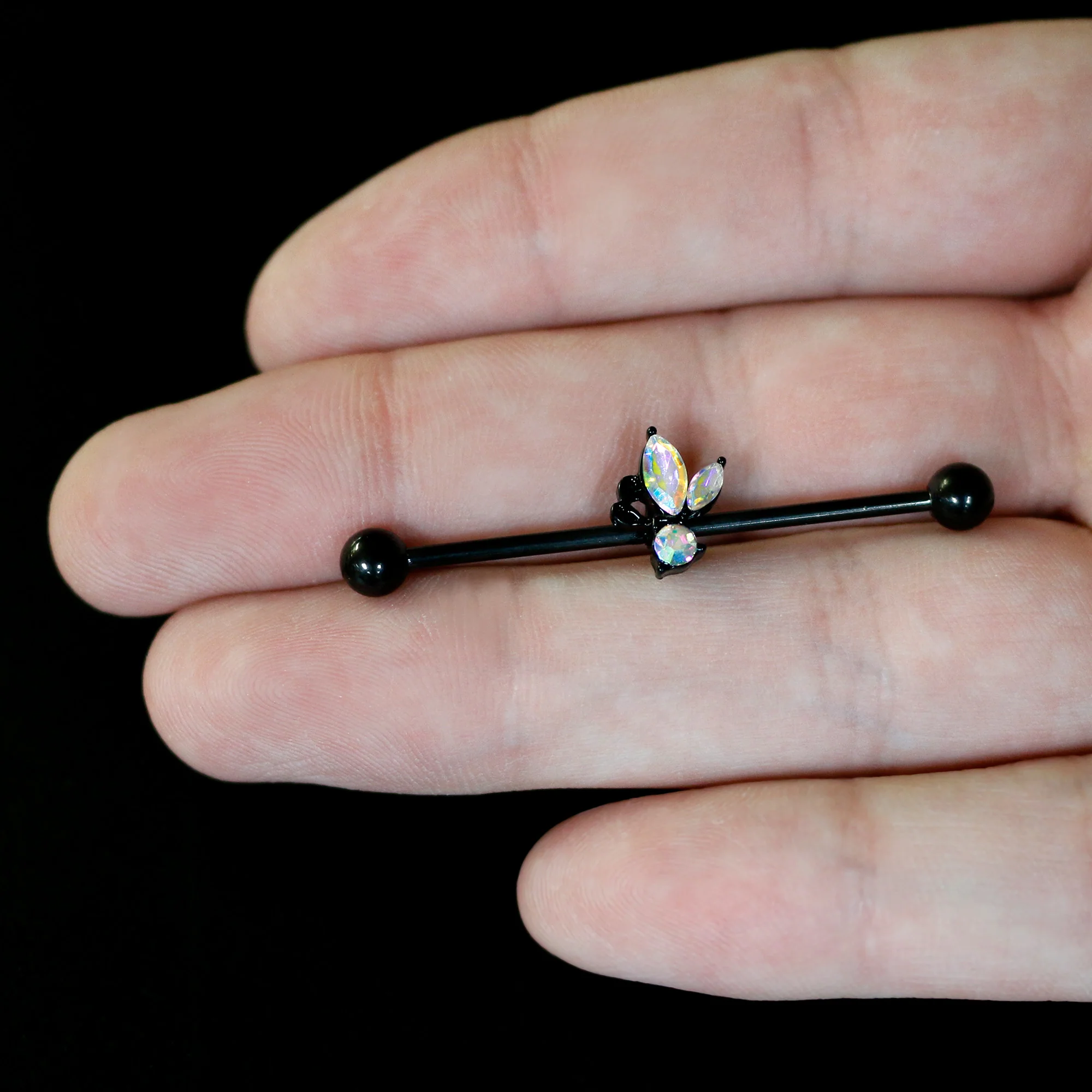 14G Aurora CZ Gem Black Fleur de Lis Butterfly Industrial Barbell 38mm - Image 5