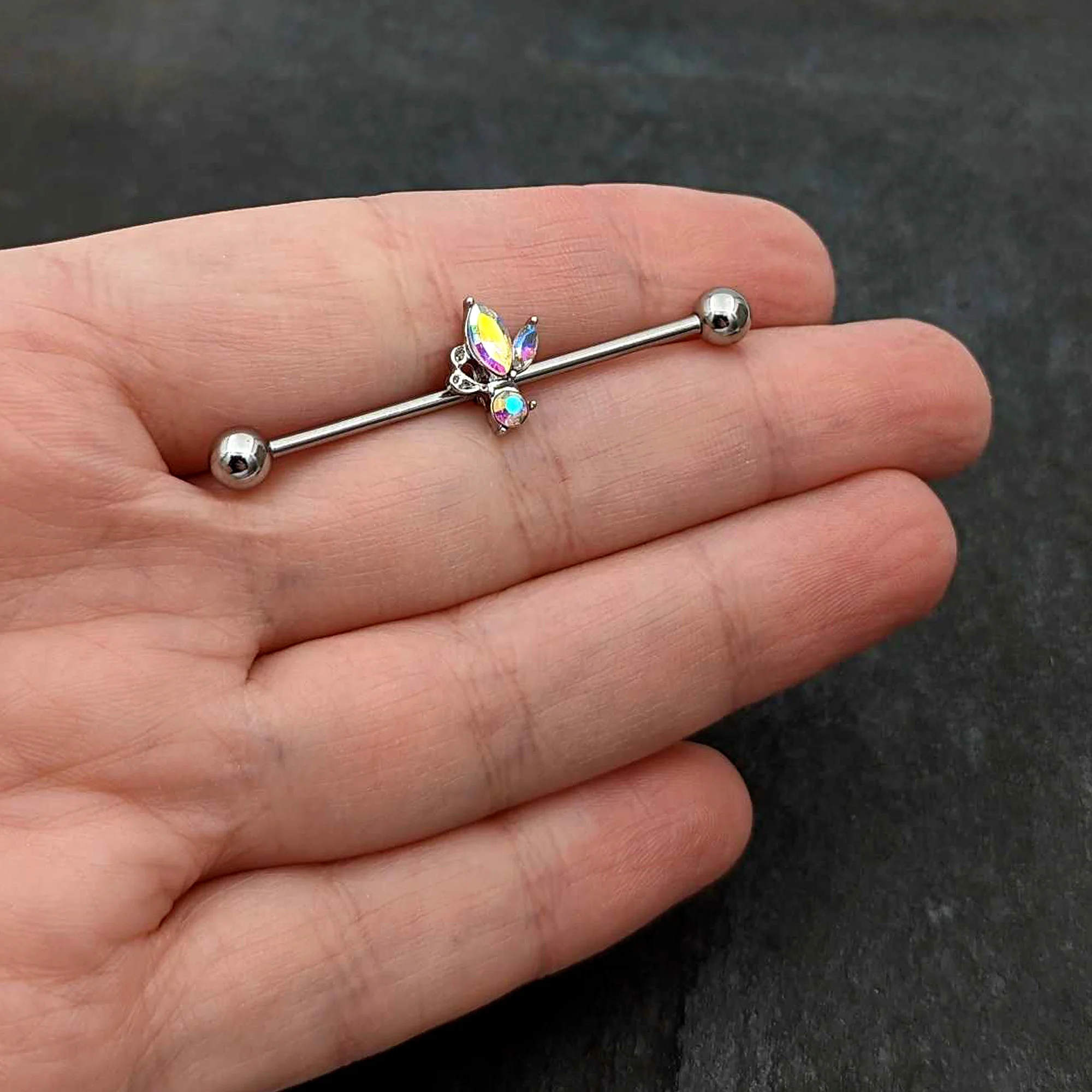 14G Aurora CZ Gem Fleur de Lis Industrial Barbell 38mm - Image 7