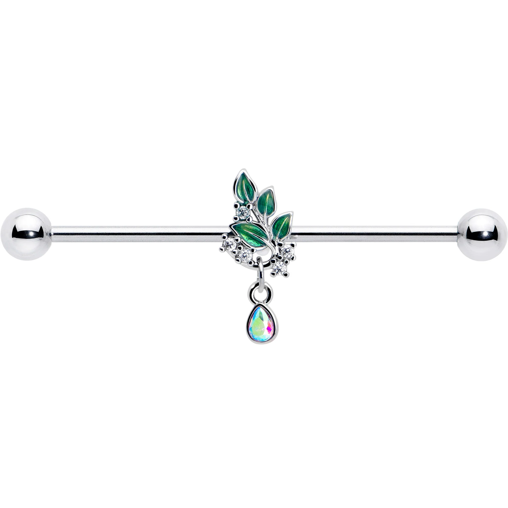 14G Aurora CZ Gem Morning Leaves Dangle Industrial Barbell 38mm - Image 2