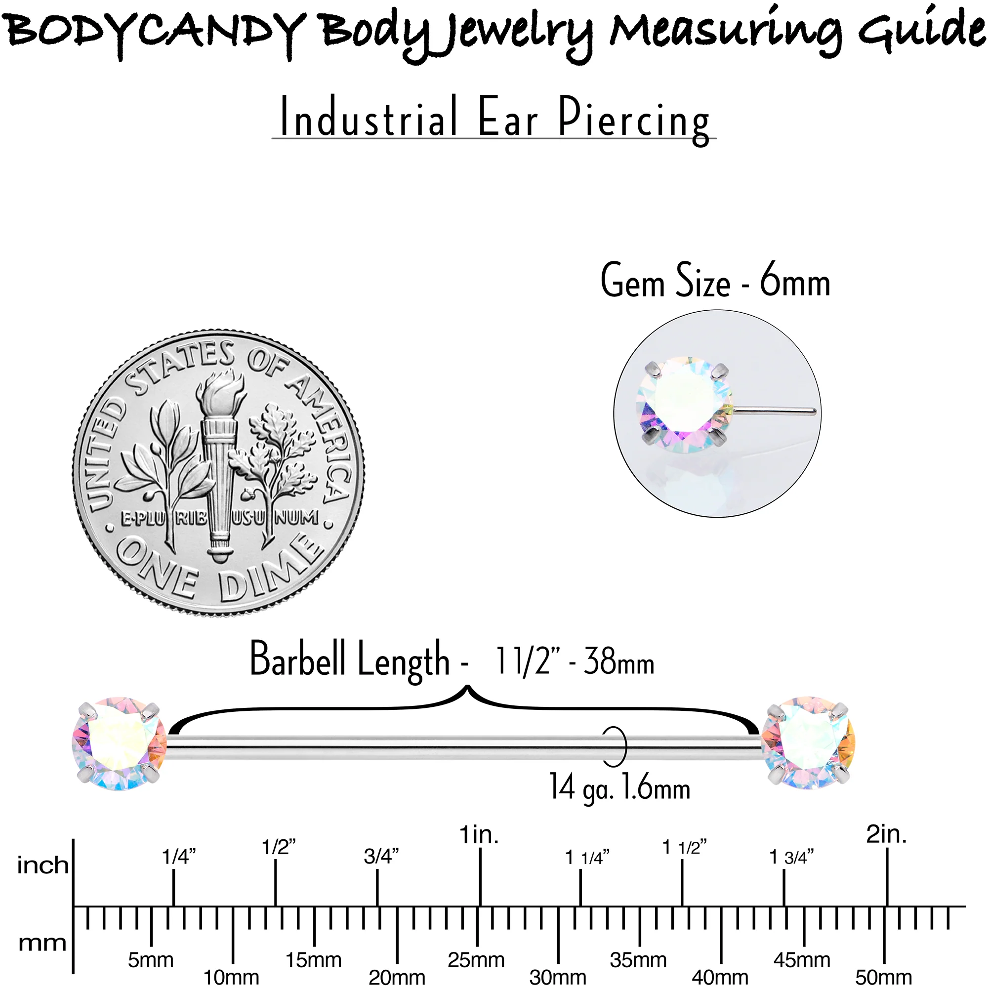 14G Aurora CZ Gem Threadless Industrial Barbell 38mm - Image 4