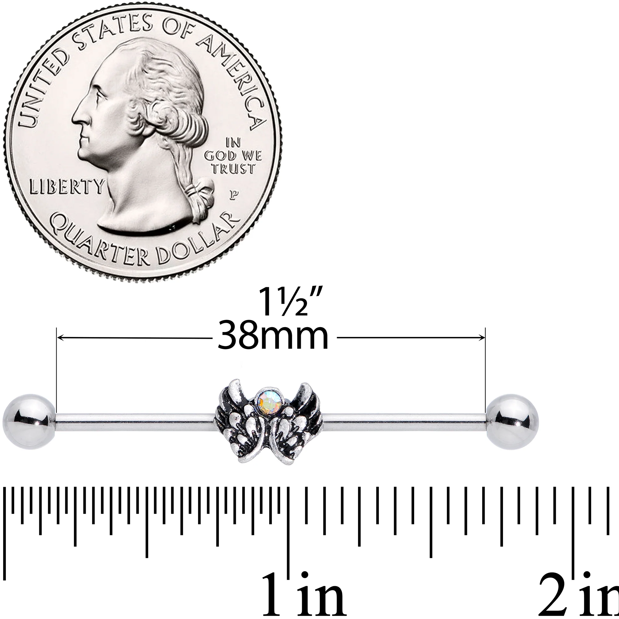 14G Aurora Gem Angel Wings Christmas Industrial Barbell 38mm - Image 3