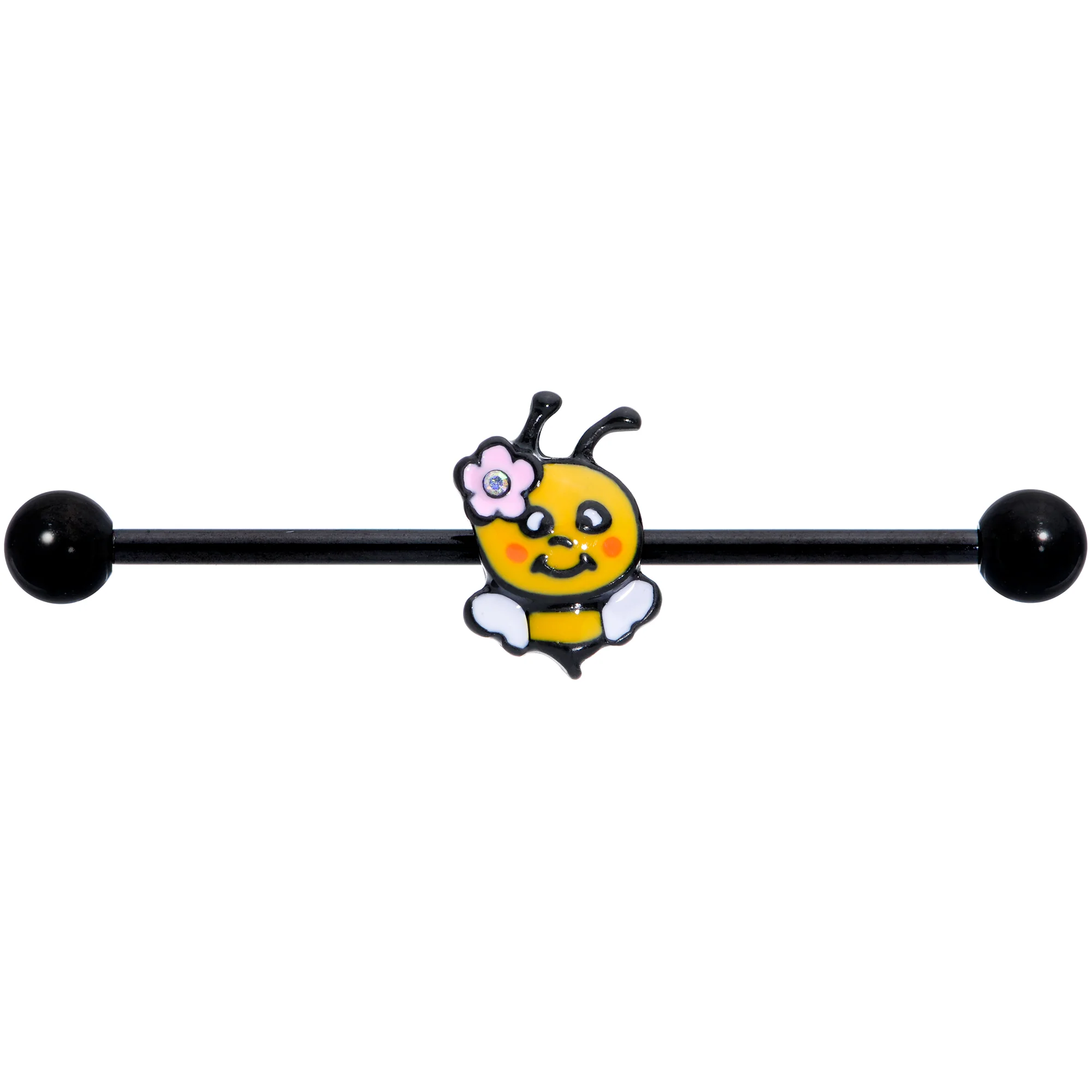 14G Aurora Gem Black Yellow Happy Bee Industrial Barbell 38mm - Image 2