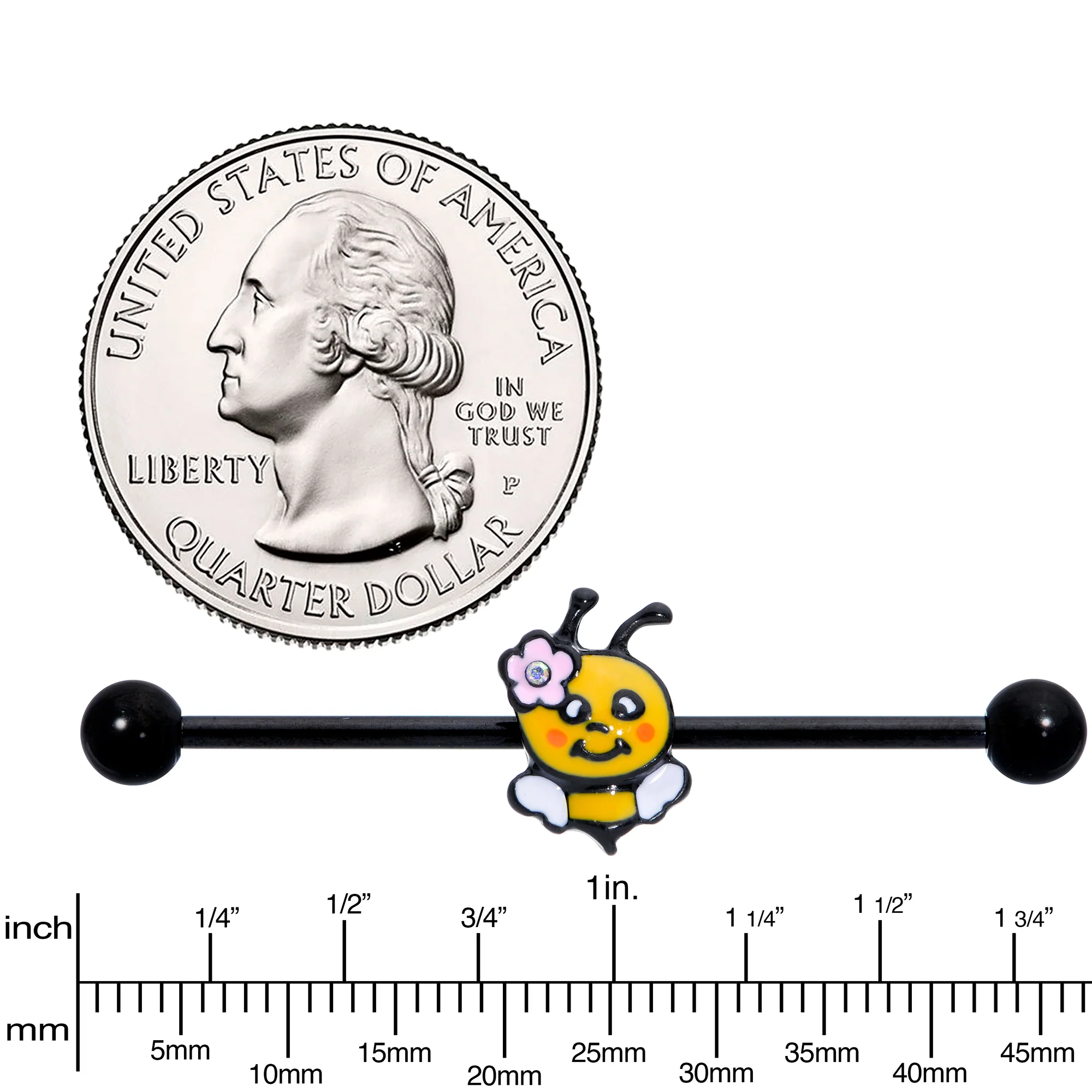 14G Aurora Gem Black Yellow Happy Bee Industrial Barbell 38mm - Image 3