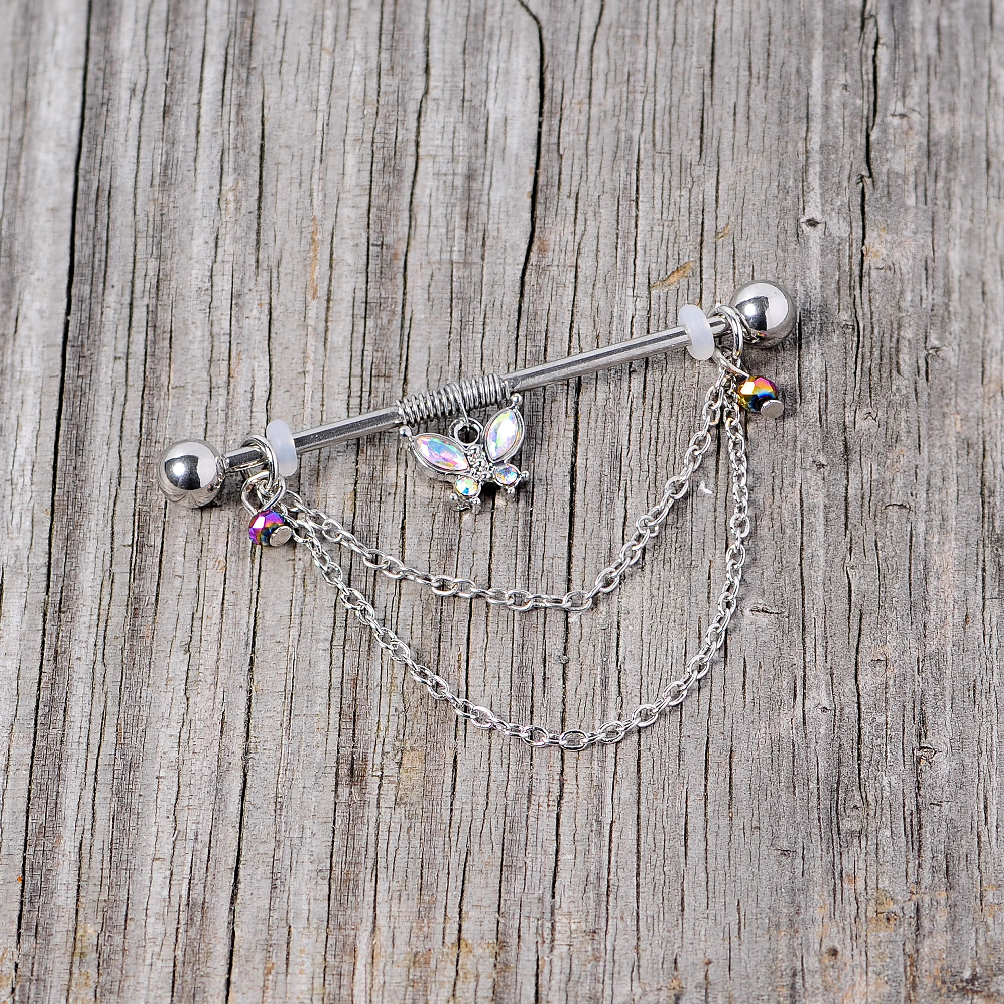 14G Aurora Gem Butterfly Chain Dangle Project Bar 38mm - Image 3