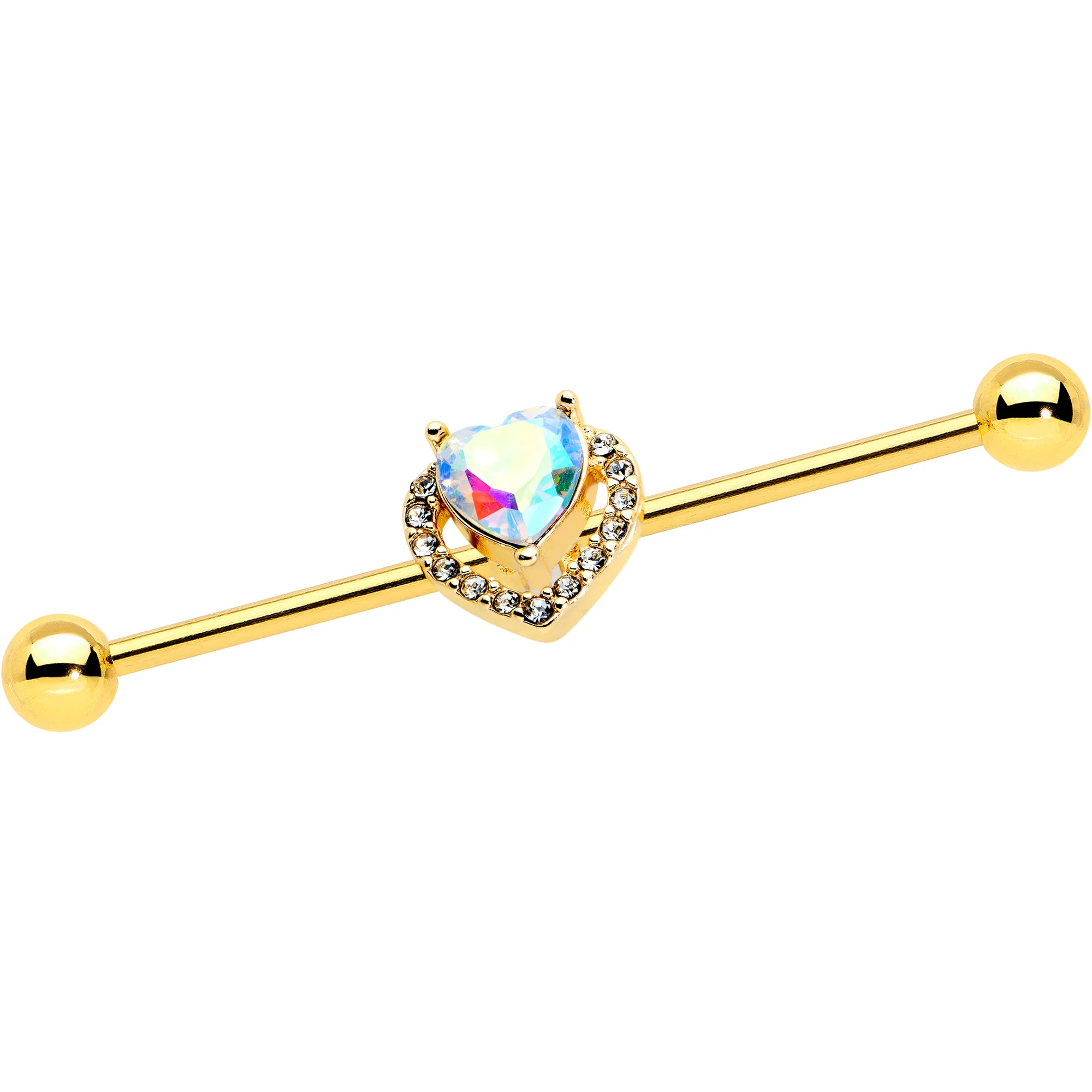 14G Aurora Gem Gold Hue Rococo Heart Industrial Barbell 38mm - Image 2