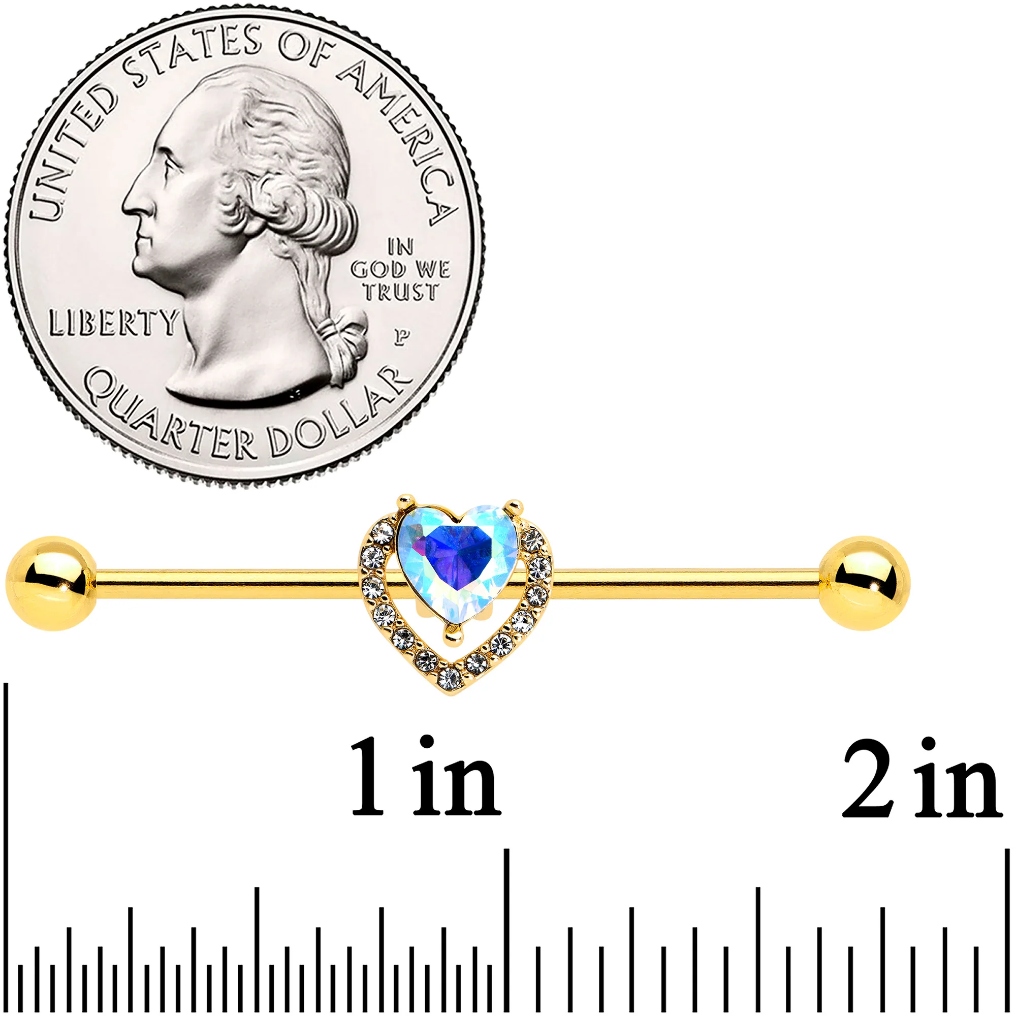 14G Aurora Gem Gold Hue Rococo Heart Industrial Barbell 38mm - Image 3