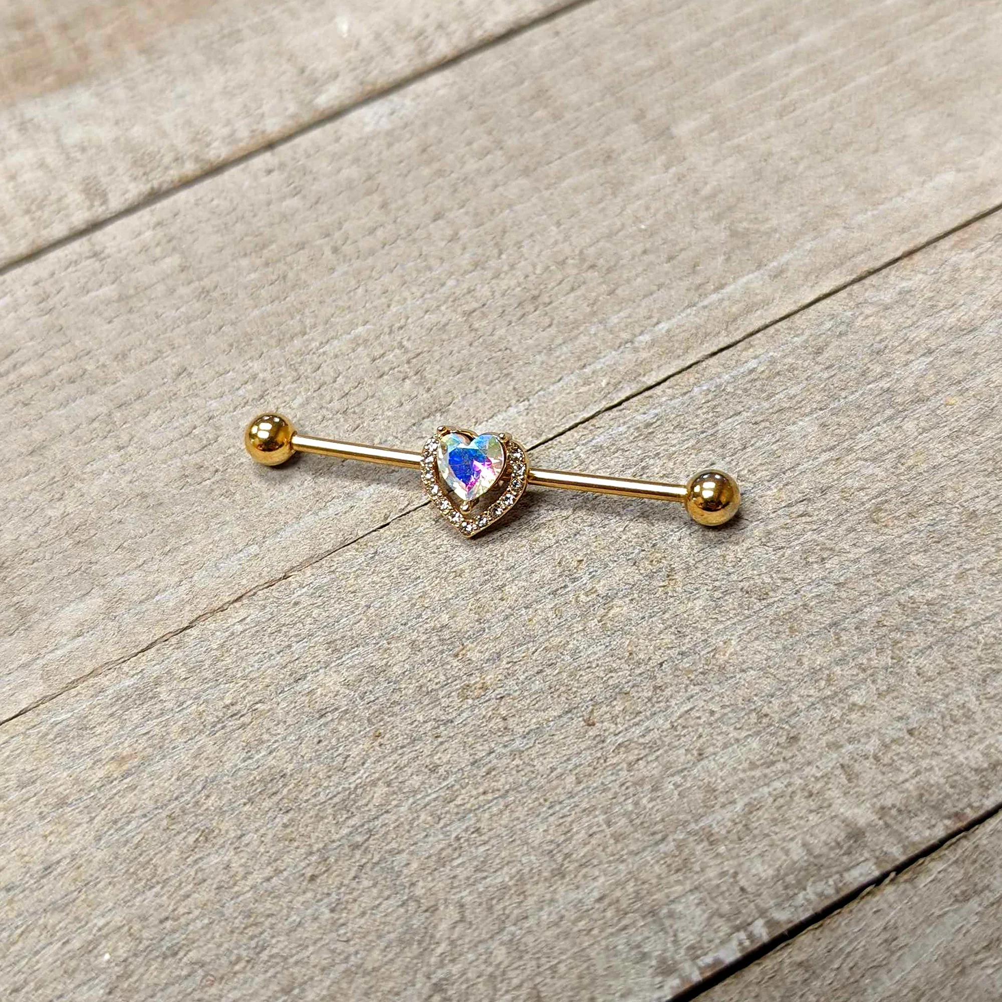 14G Aurora Gem Gold Hue Rococo Heart Industrial Barbell 38mm - Image 4