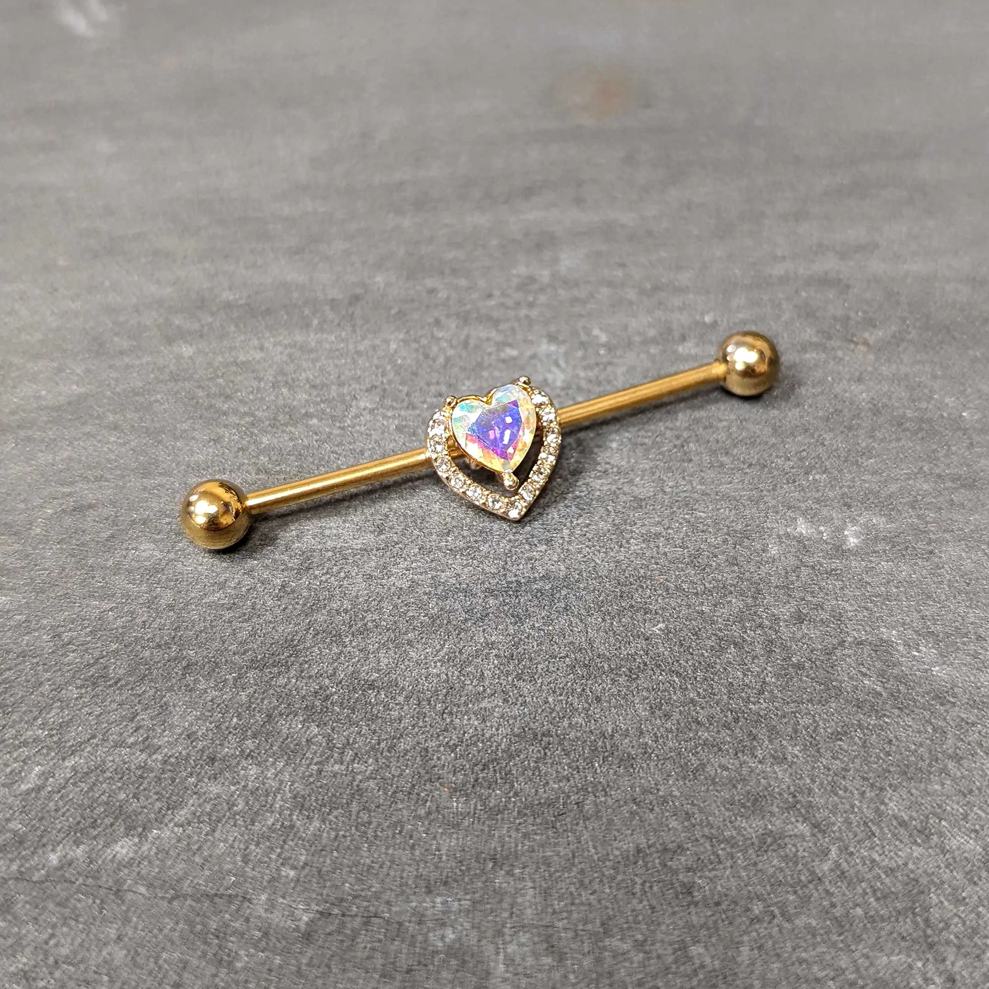 14G Aurora Gem Gold Hue Rococo Heart Industrial Barbell 38mm - Image 5