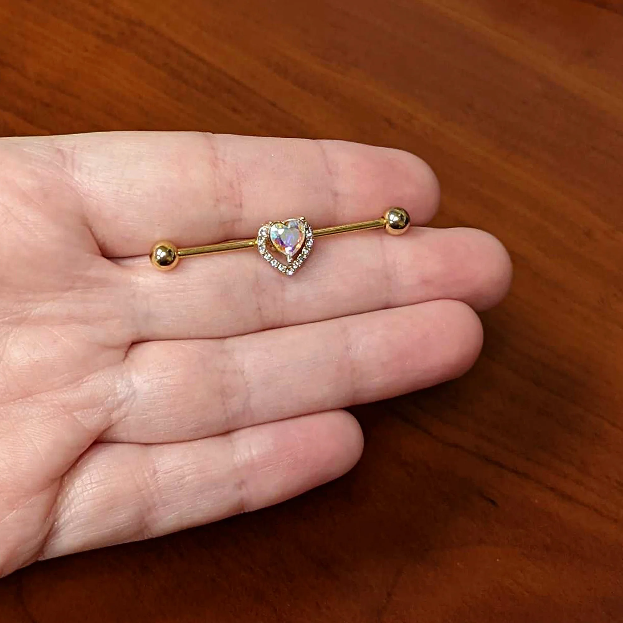14G Aurora Gem Gold Hue Rococo Heart Industrial Barbell 38mm - Image 6