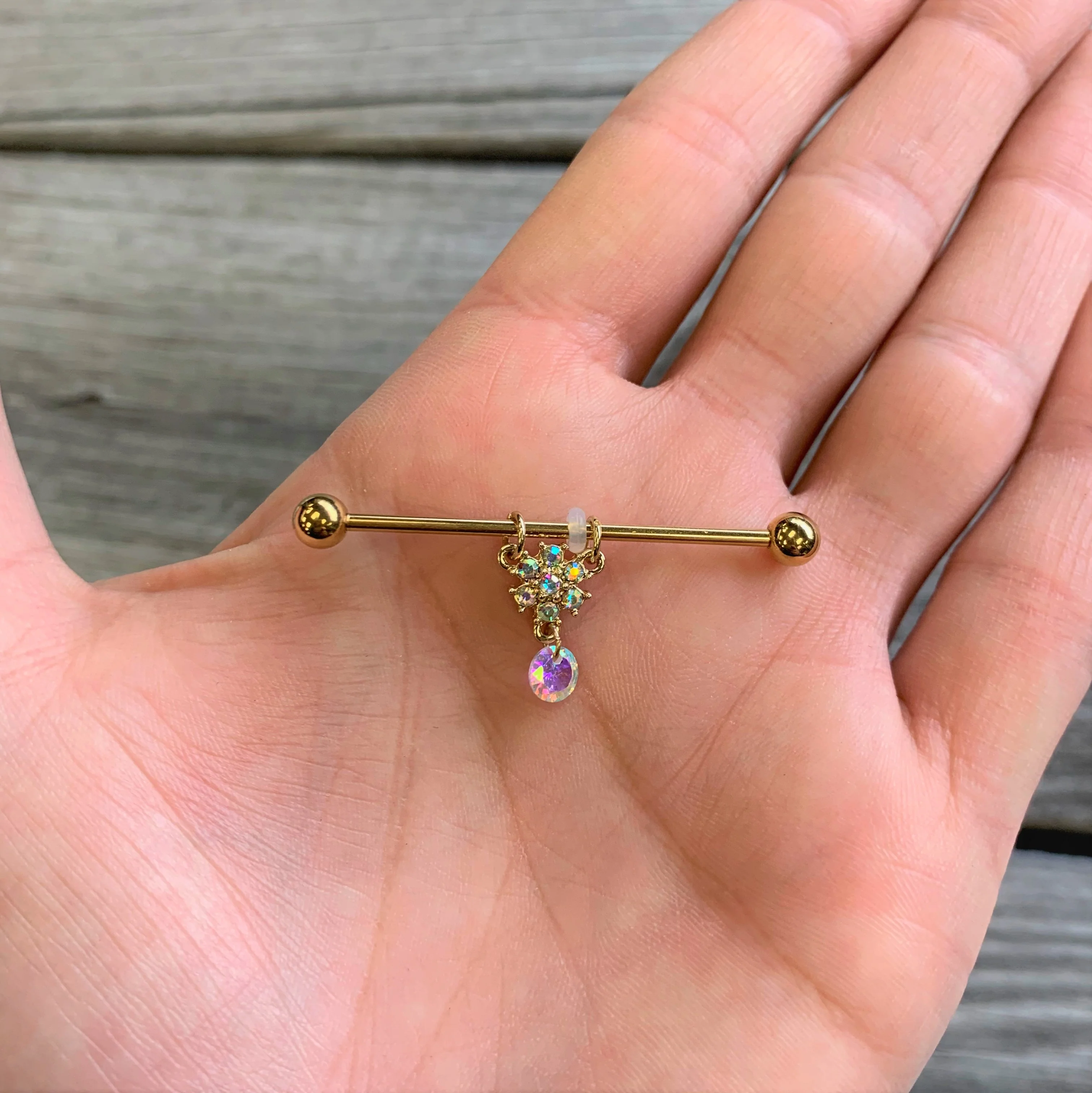 14G Aurora Gem Gold Tone Flower Dangle Industrial Barbell 38mm - Image 2