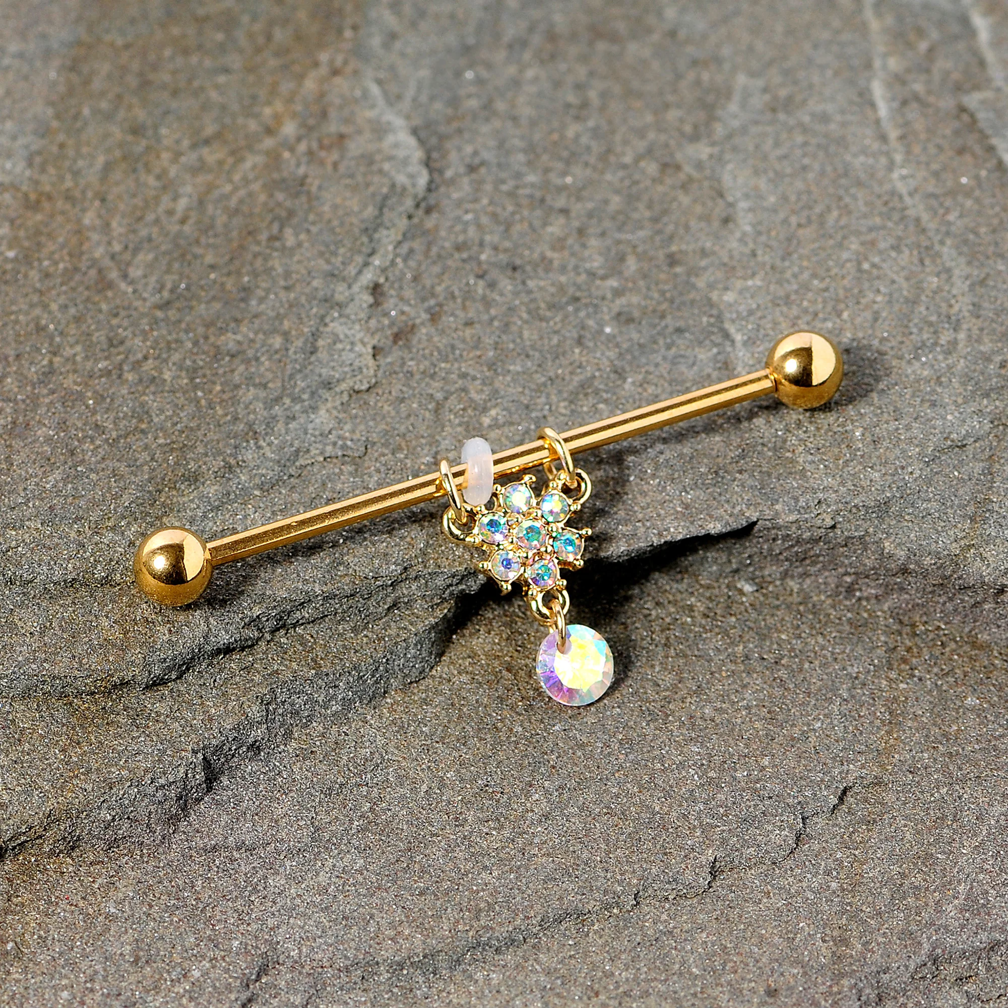 14G Aurora Gem Gold Tone Flower Dangle Industrial Barbell 38mm - Image 3