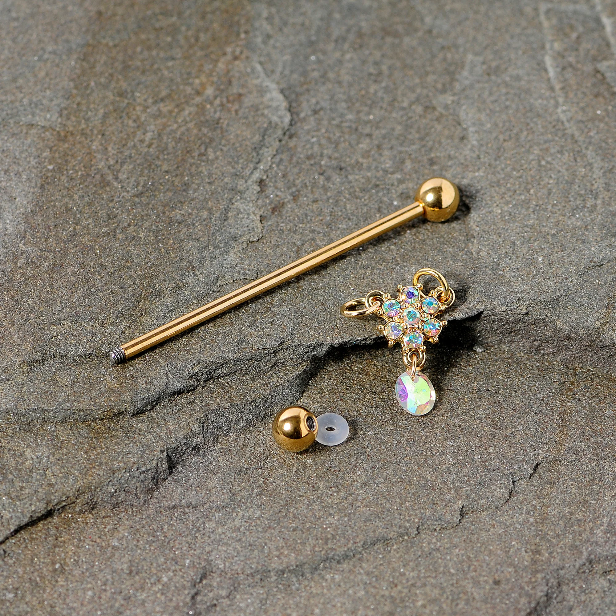 14G Aurora Gem Gold Tone Flower Dangle Industrial Barbell 38mm - Image 4