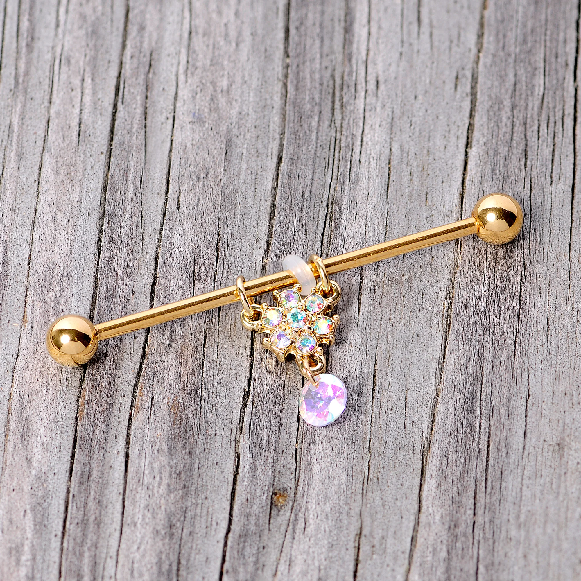 14G Aurora Gem Gold Tone Flower Dangle Industrial Barbell 38mm - Image 5