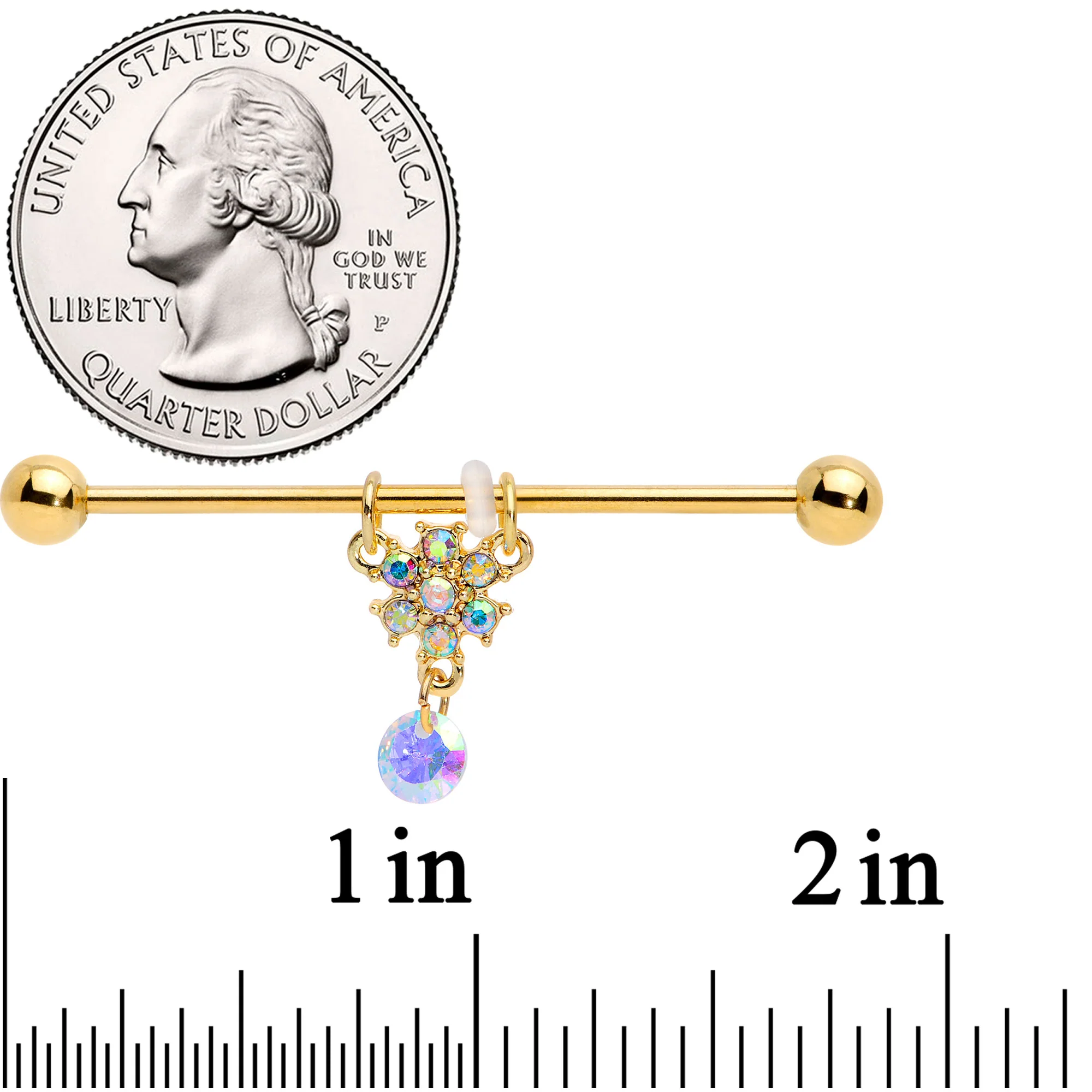 14G Aurora Gem Gold Tone Flower Dangle Industrial Barbell 38mm - Image 6