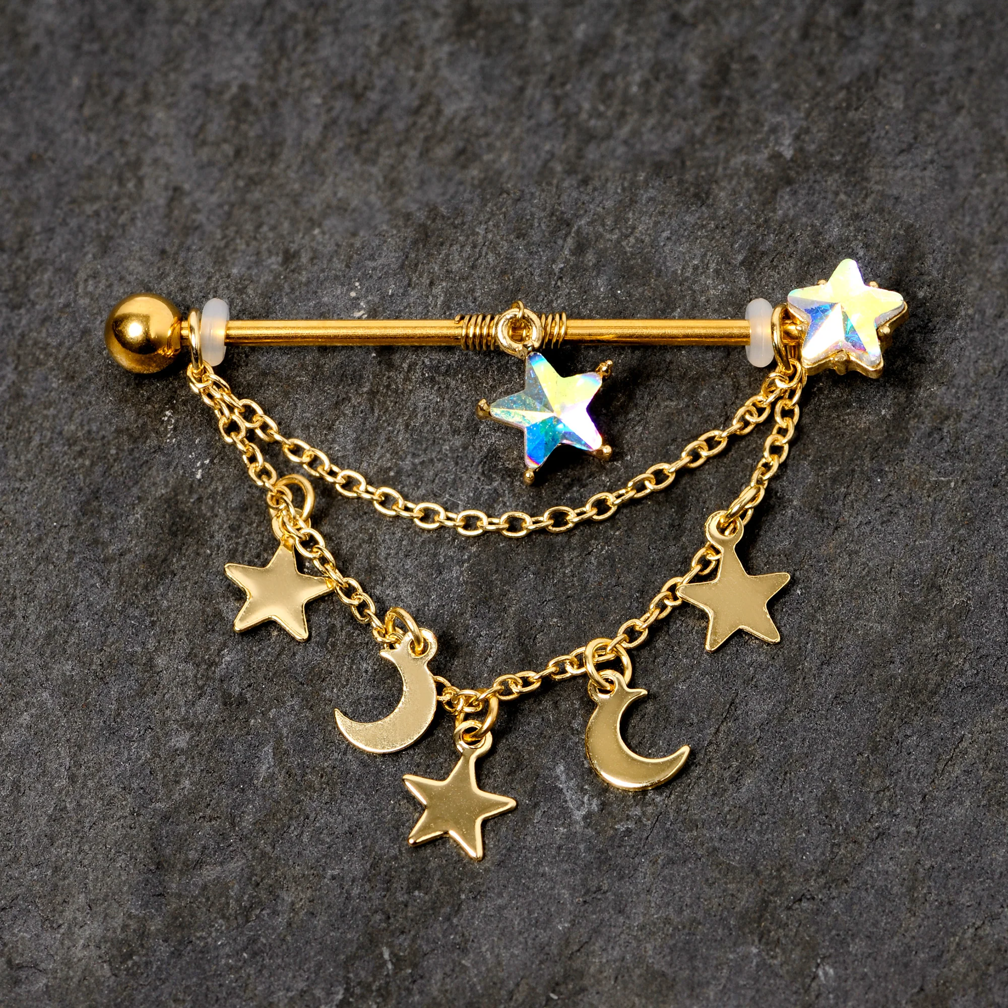 14G Aurora Gem Gold Tone Moon Star Dangle Industrial Barbell 38mm - Image 2