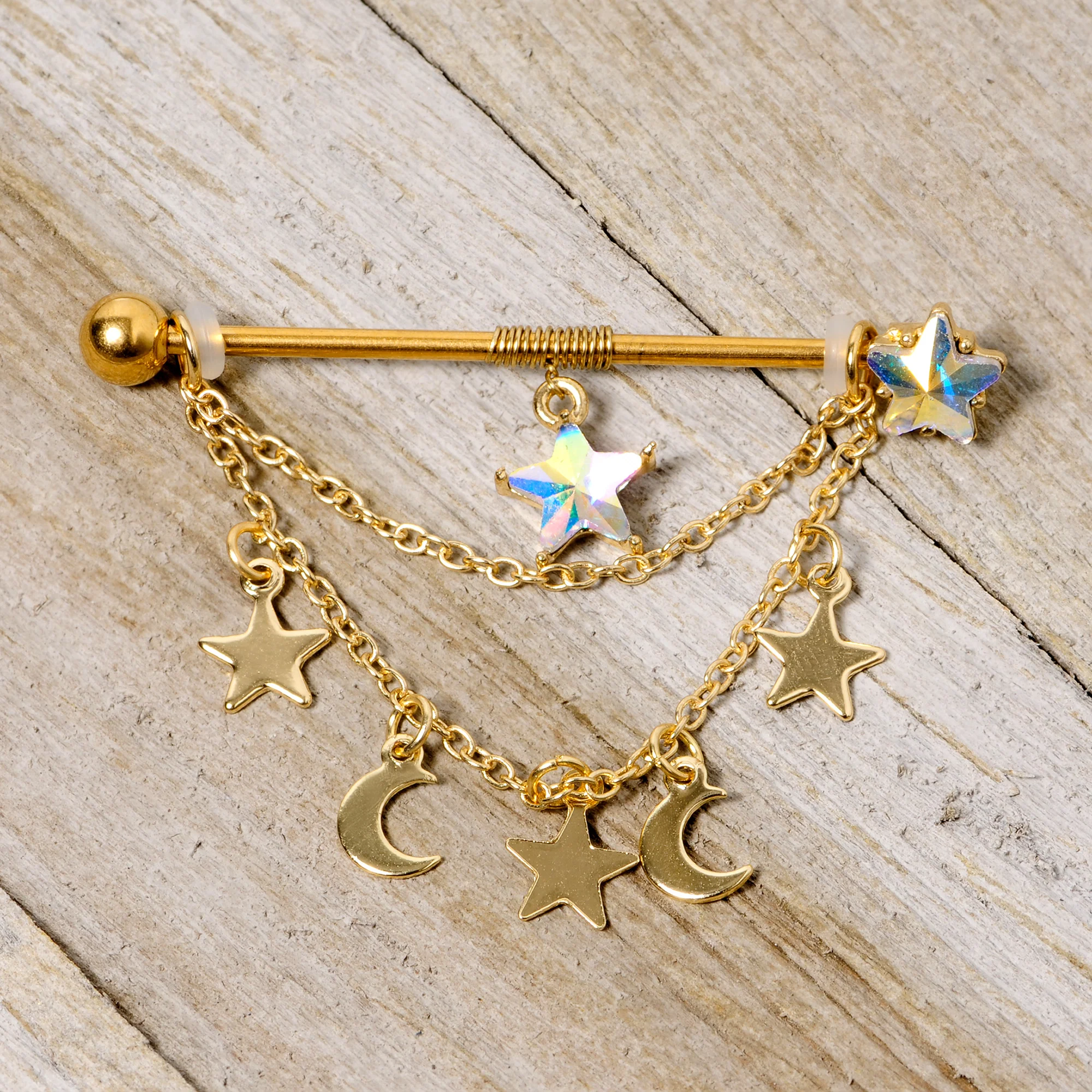 14G Aurora Gem Gold Tone Moon Star Dangle Industrial Barbell 38mm - Image 3