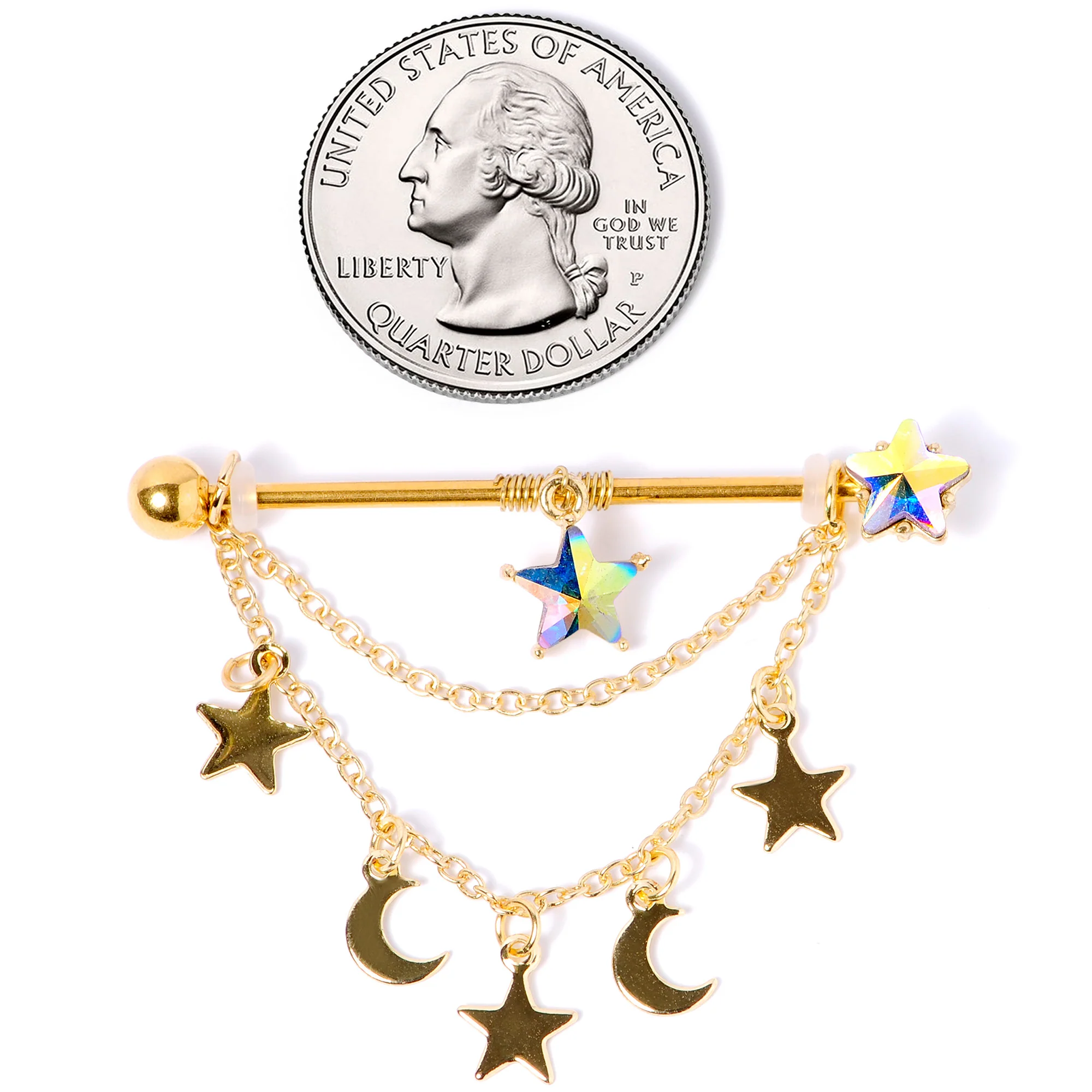 14G Aurora Gem Gold Tone Moon Star Dangle Industrial Barbell 38mm - Image 4