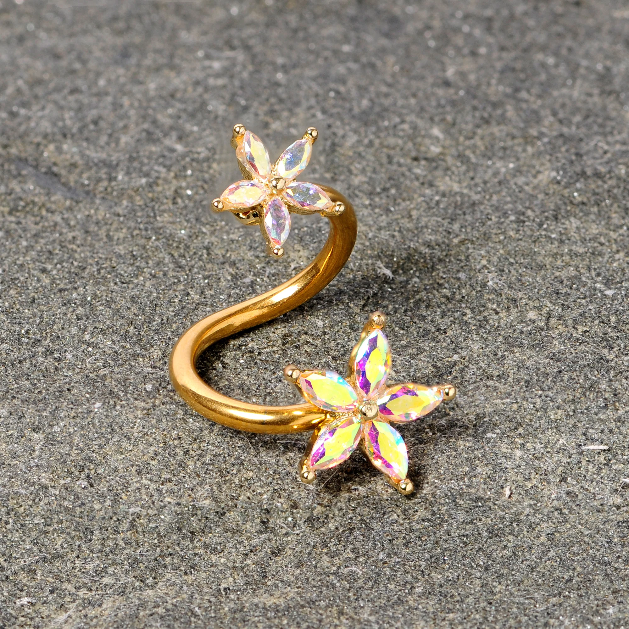 14G Aurora Gem Gold Tone Star Flower Spiral Twister Belly Ring - Image 3