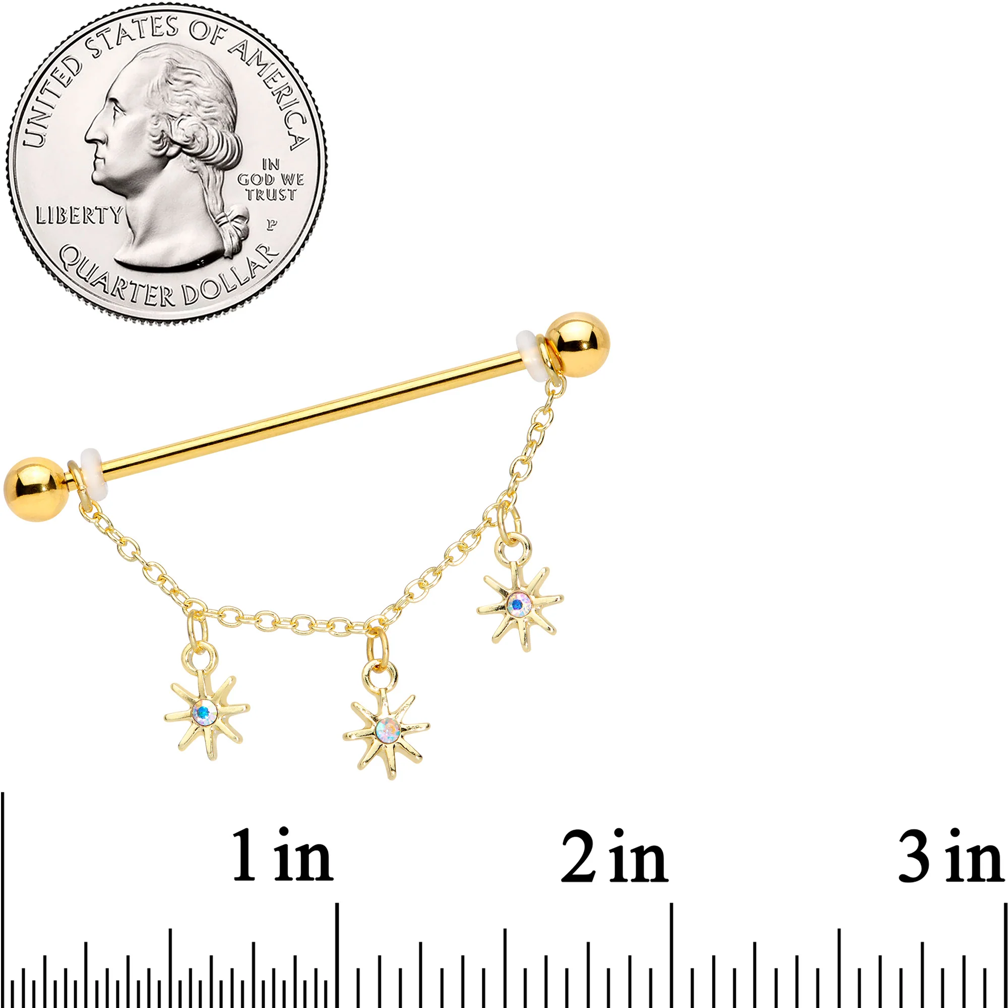 14G Aurora Gem Gold Tone Stars Dangle Industrial Barbell 38mm - Image 2