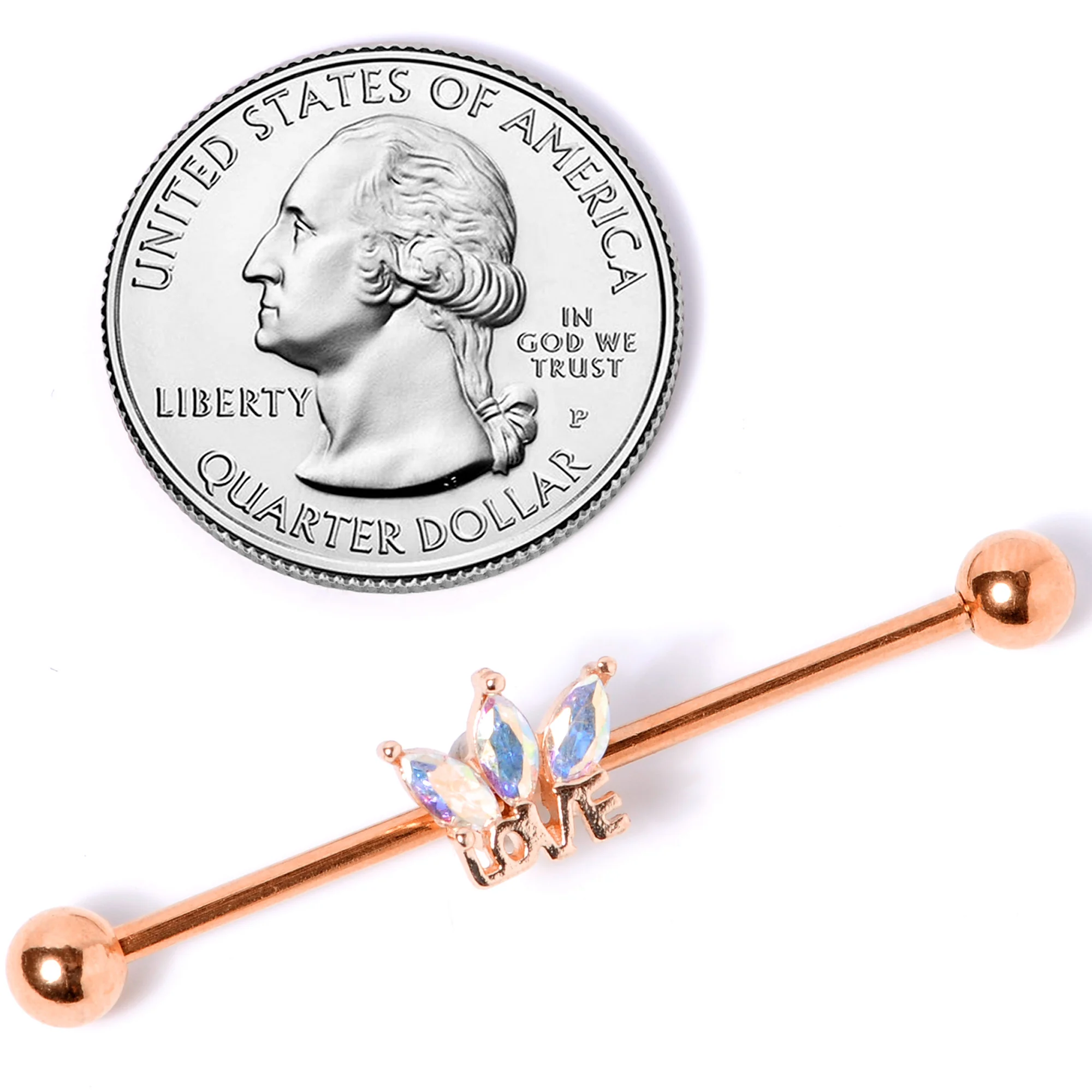 14G Aurora Gem Rose Gold Tone Crown Love Industrial Barbell 38mm - Image 4