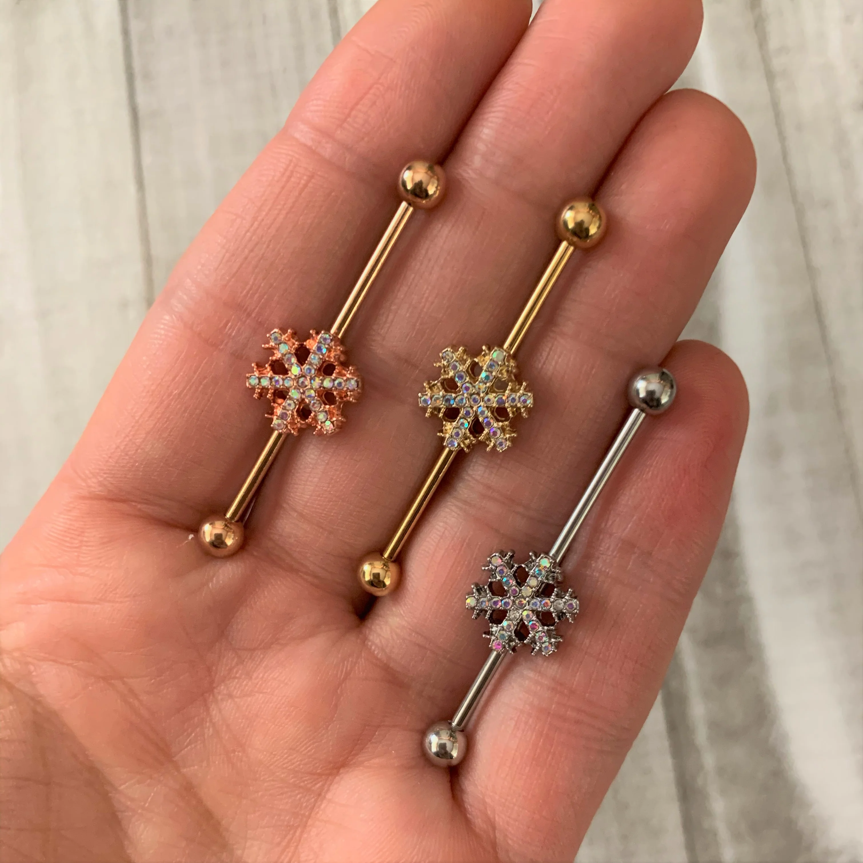 14G Aurora Gem Rose Gold Tone Snowflake Industrial Barbell 38mm - Image 2