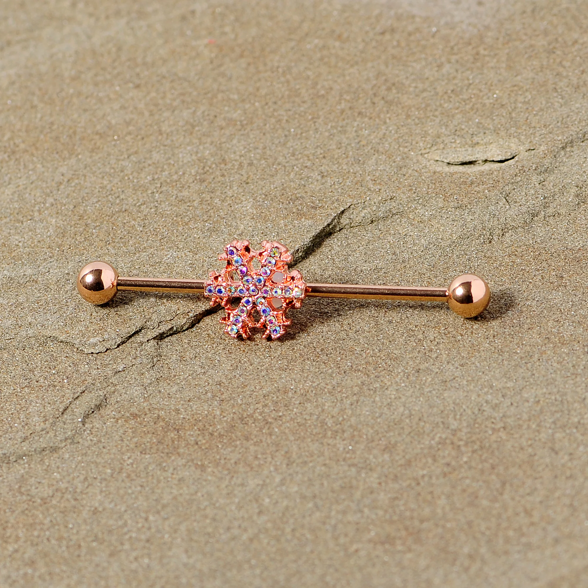 14G Aurora Gem Rose Gold Tone Snowflake Industrial Barbell 38mm - Image 3