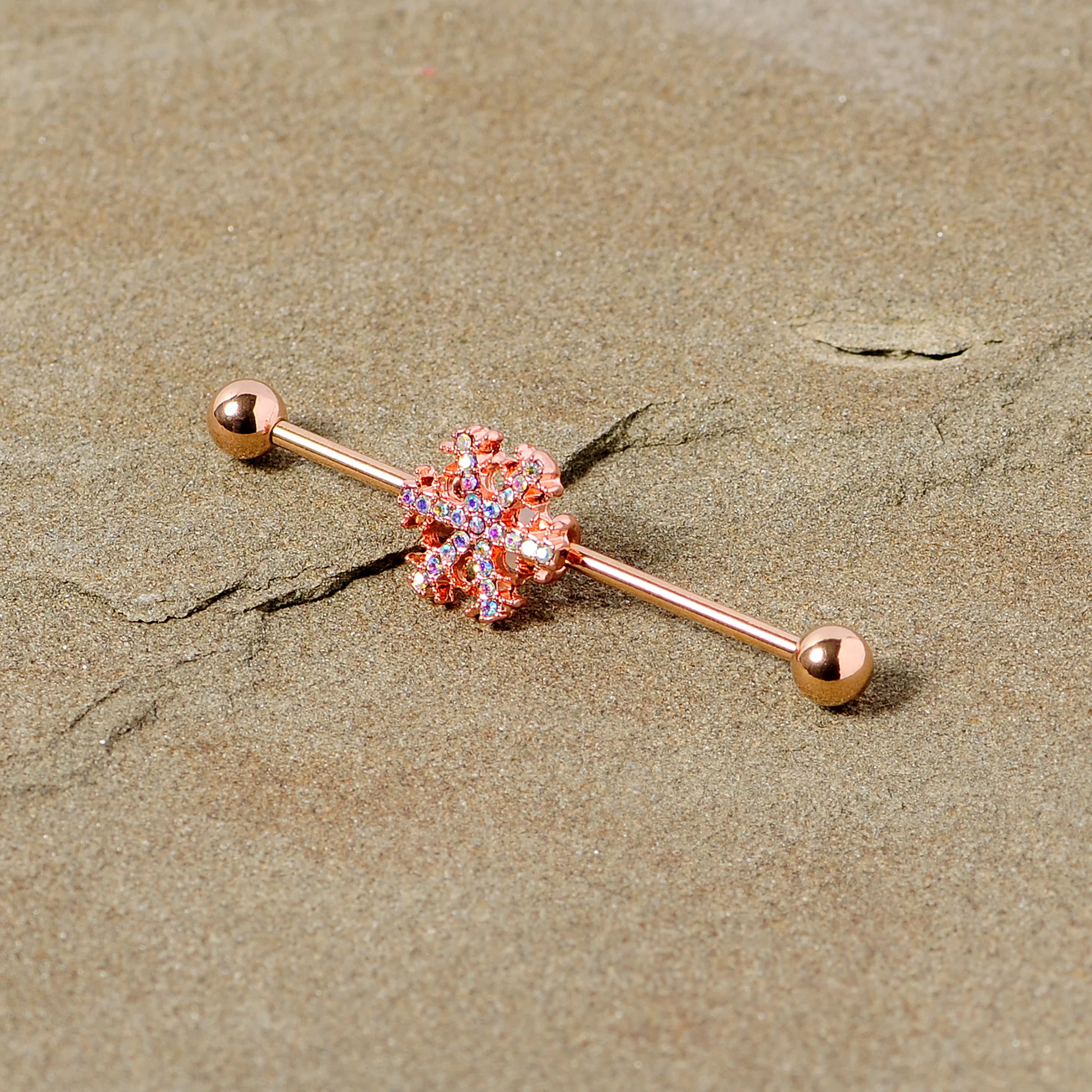 14G Aurora Gem Rose Gold Tone Snowflake Industrial Barbell 38mm - Image 4