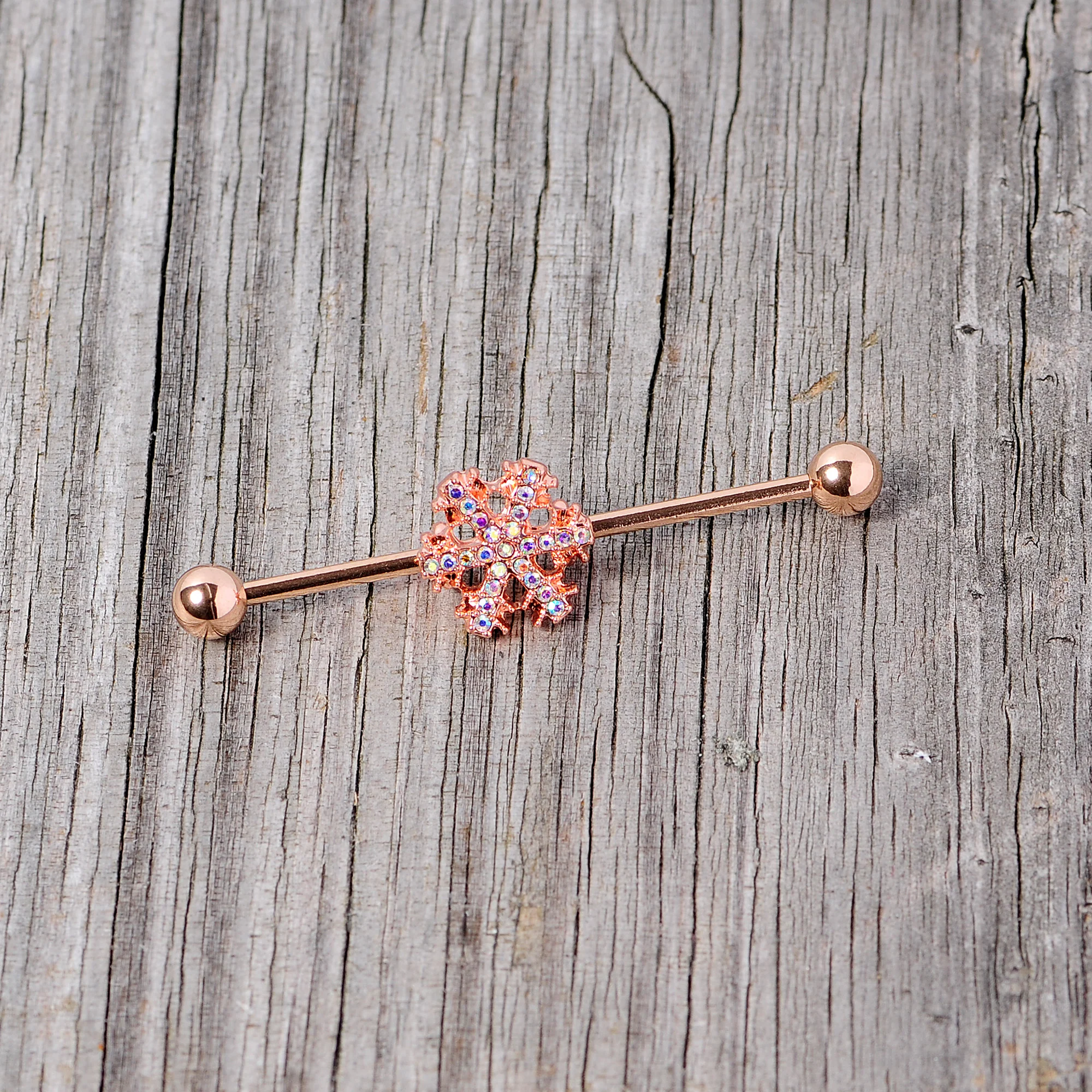 14G Aurora Gem Rose Gold Tone Snowflake Industrial Barbell 38mm - Image 5