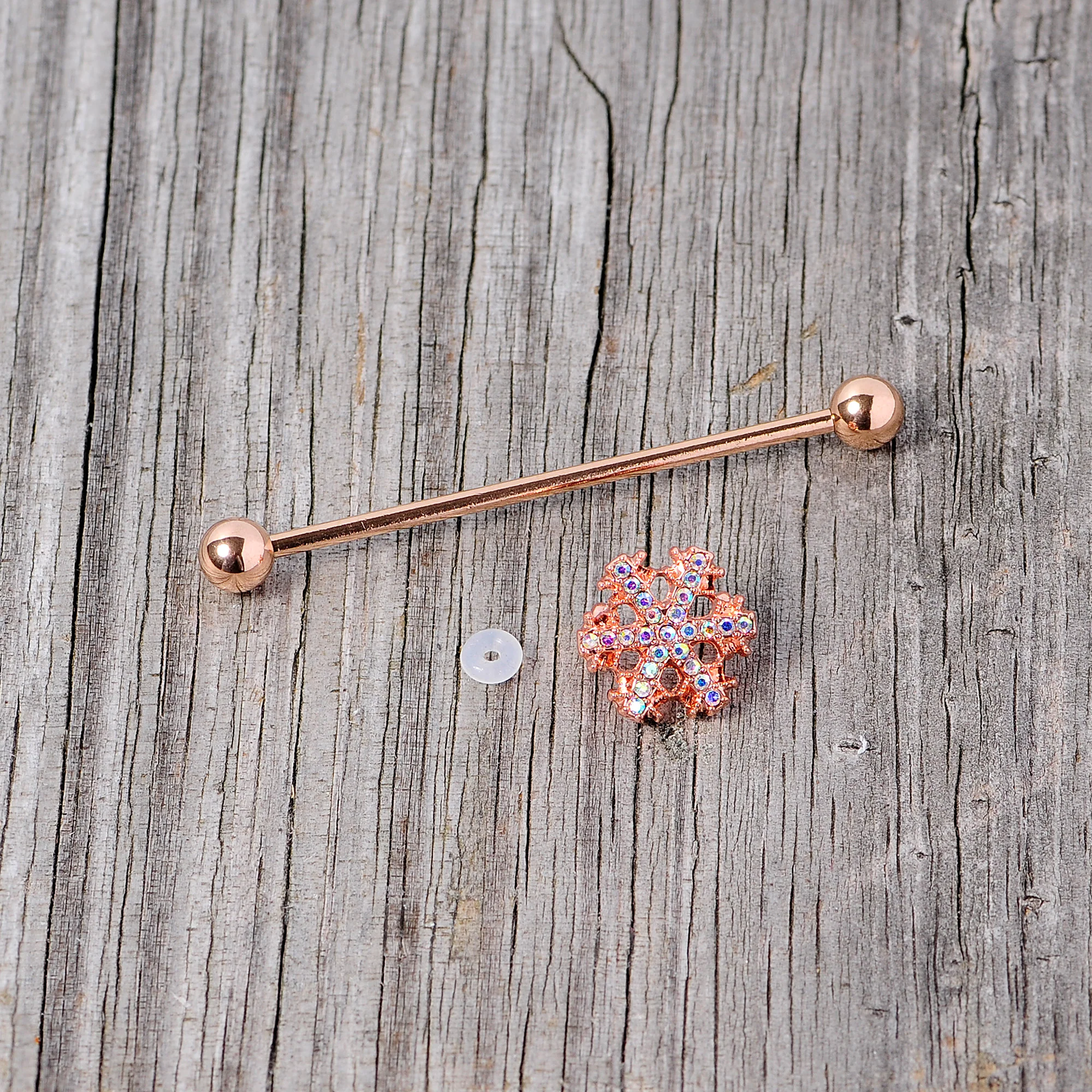 14G Aurora Gem Rose Gold Tone Snowflake Industrial Barbell 38mm - Image 6