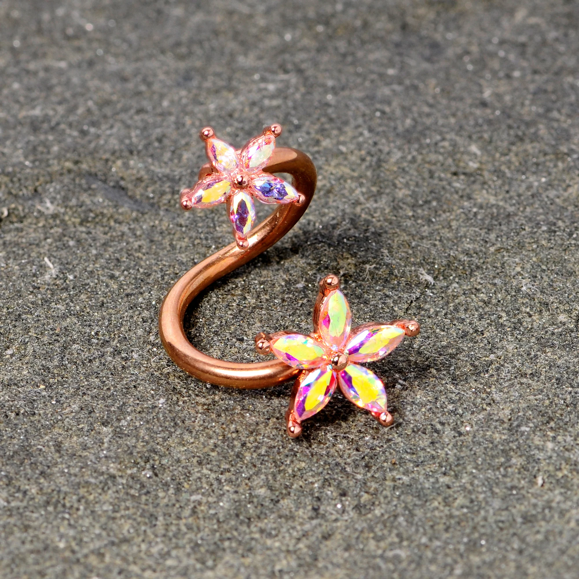 14G Aurora Gem Rose Gold Tone Star Flower Spiral Twister Ring - Image 3