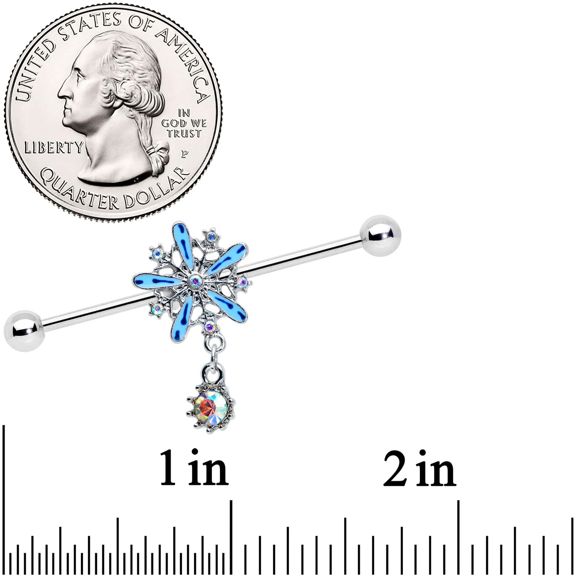14G Aurora Gem Snowflake Blues Christmas Industrial Barbell 38mm - Image 2