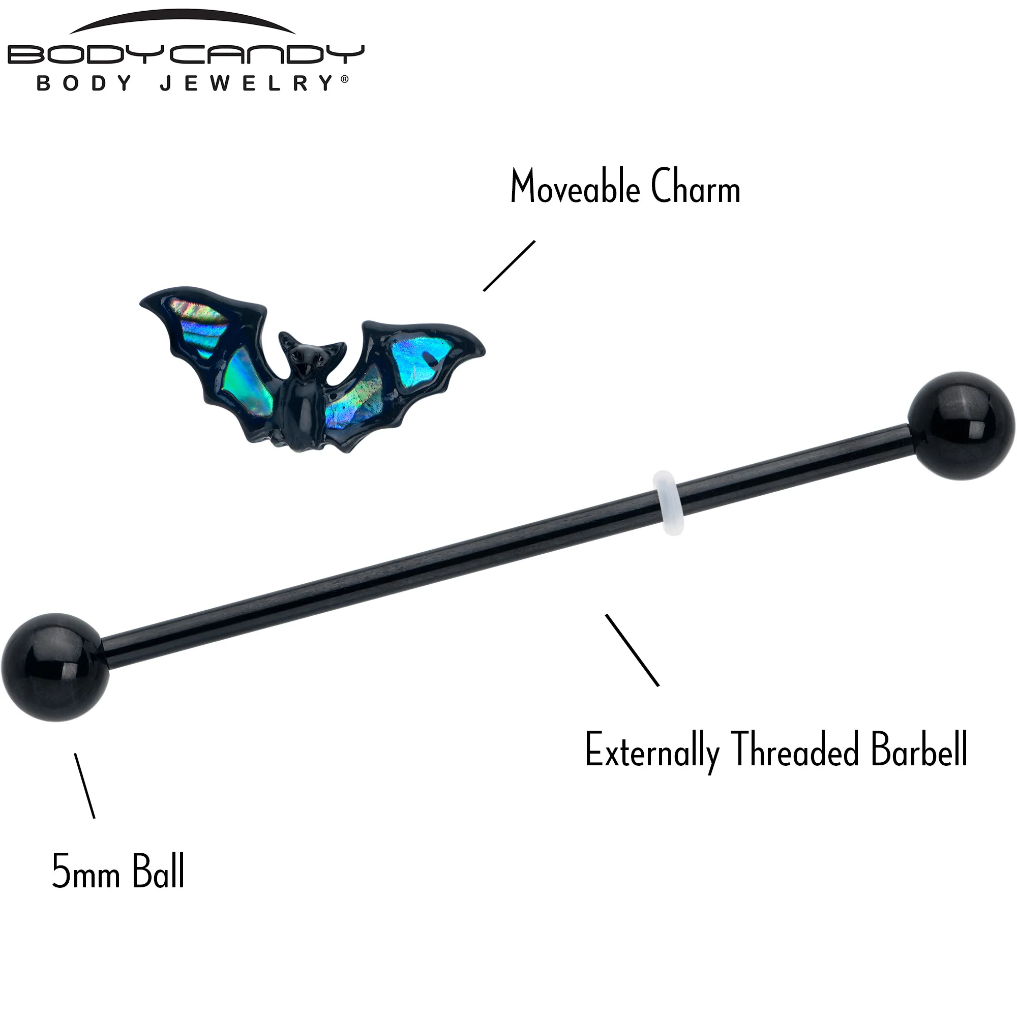 14G Black Bat in Blue Industrial Barbell 38mm - Image 4